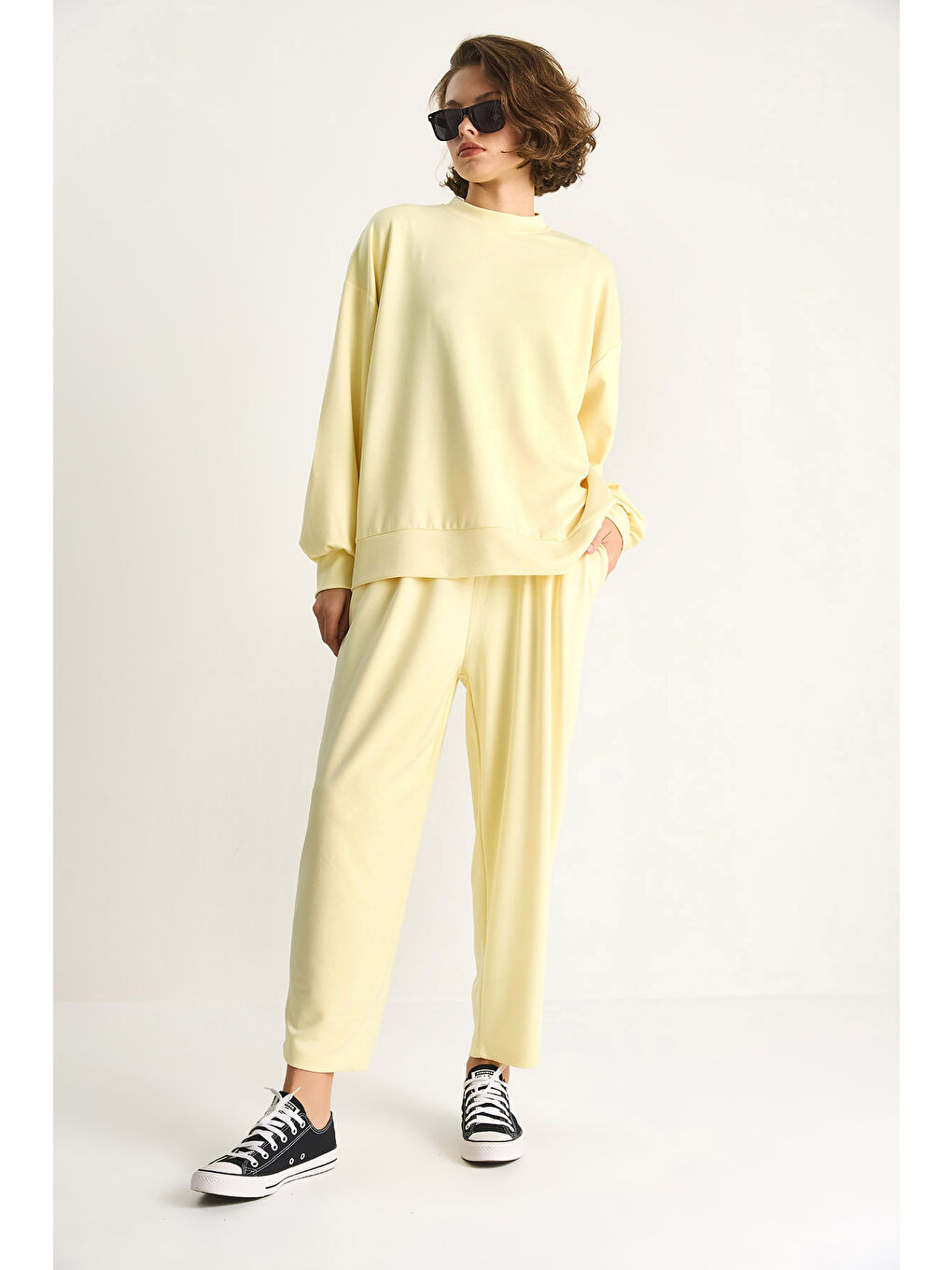 Sarı Kadın Bisiklet Yaka Oversize Alt-üst Takım-5