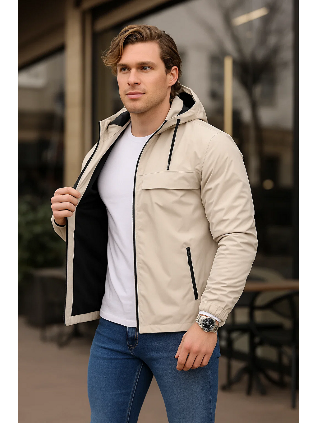 Bej Erkek Astarlı Kapüşonlu Taş Rüzgarlık & Yağmurluk-1