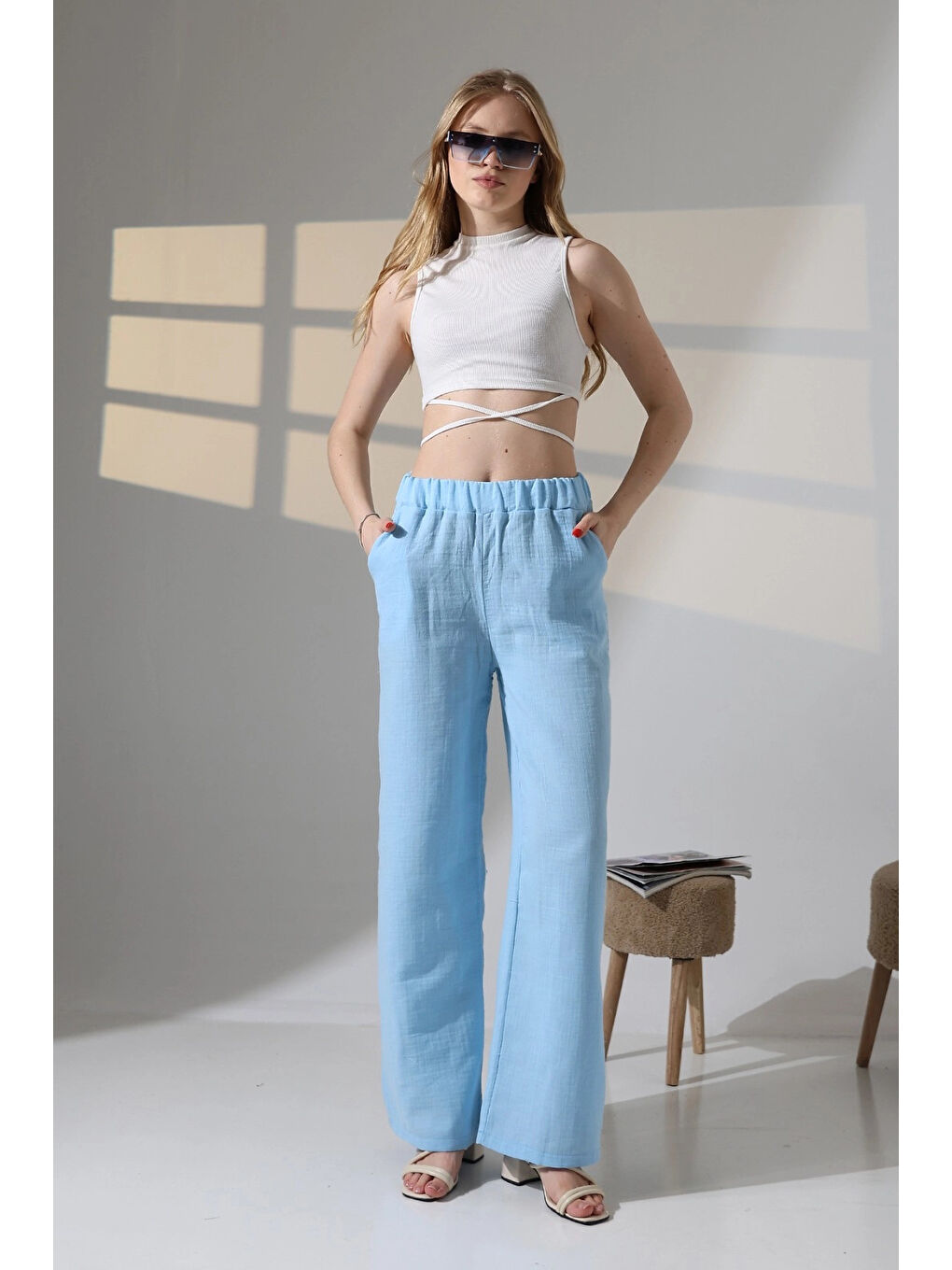 Kadın Mavi Beli Lastikli Müslin Kumaş Bol Paça Pantolon HZL25S-DSB12221-4
