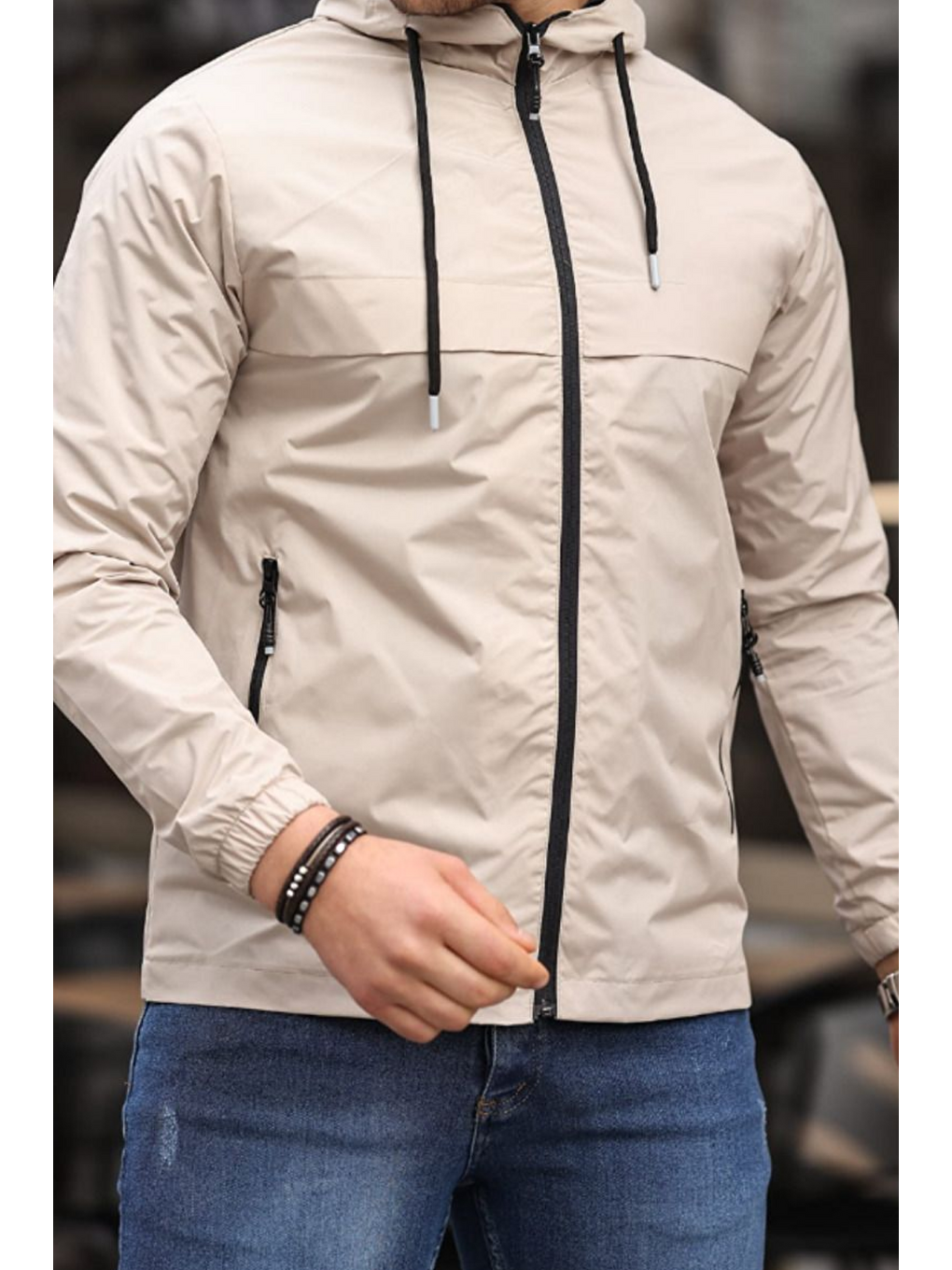 Bej Erkek Astarlı Kapüşonlu Taş Rüzgarlık & Yağmurluk-2