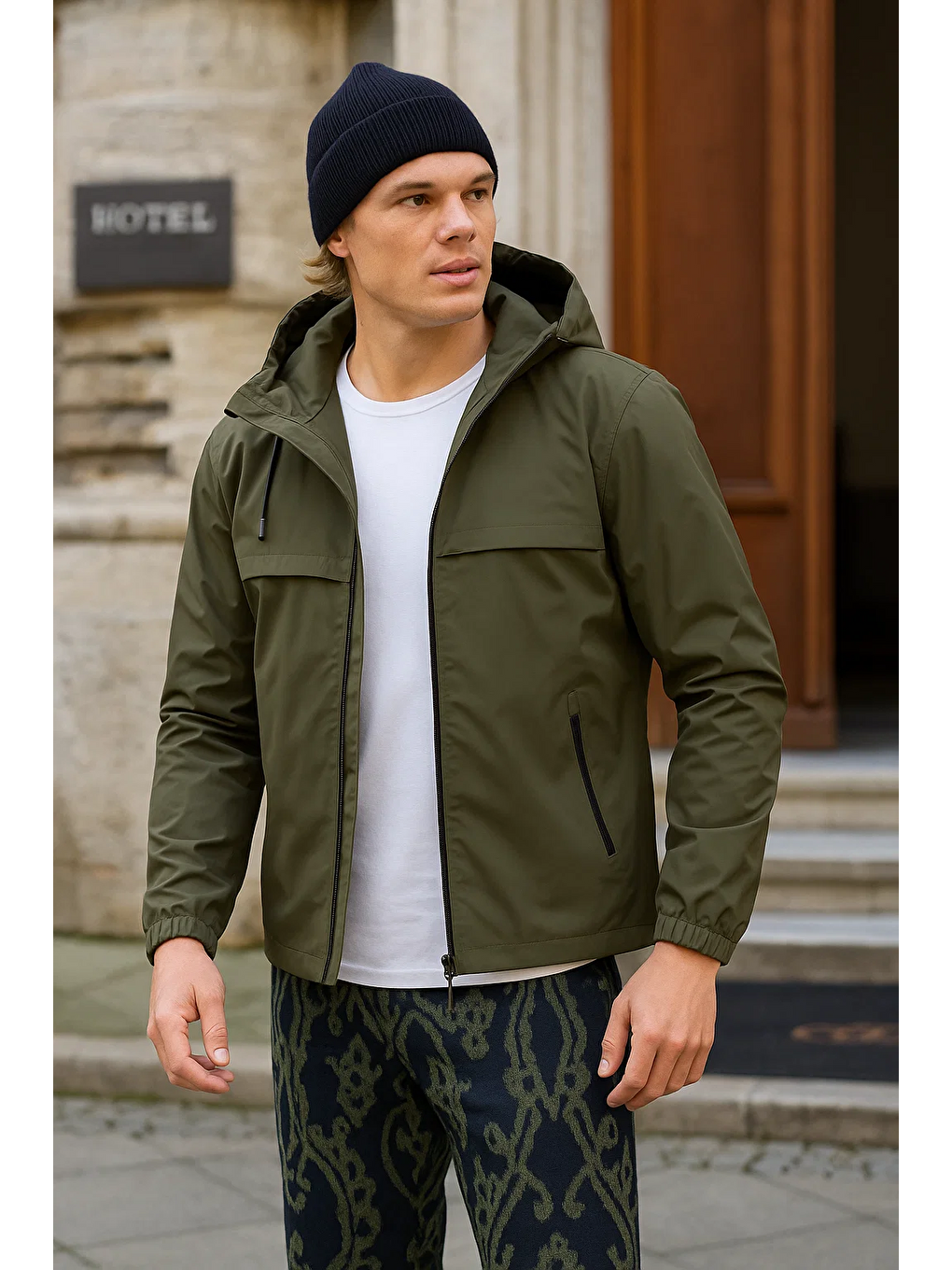 Erkek Astarlı Kapüşonlu Haki Rüzgarlık & Yağmurluk