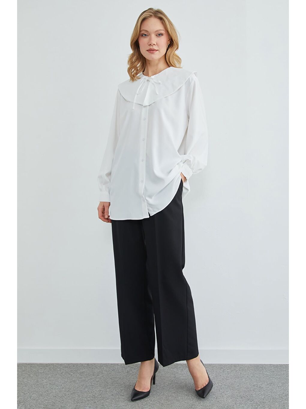 Beyaz Fullamodest Bebe Yaka Balon Kol Tunik-2