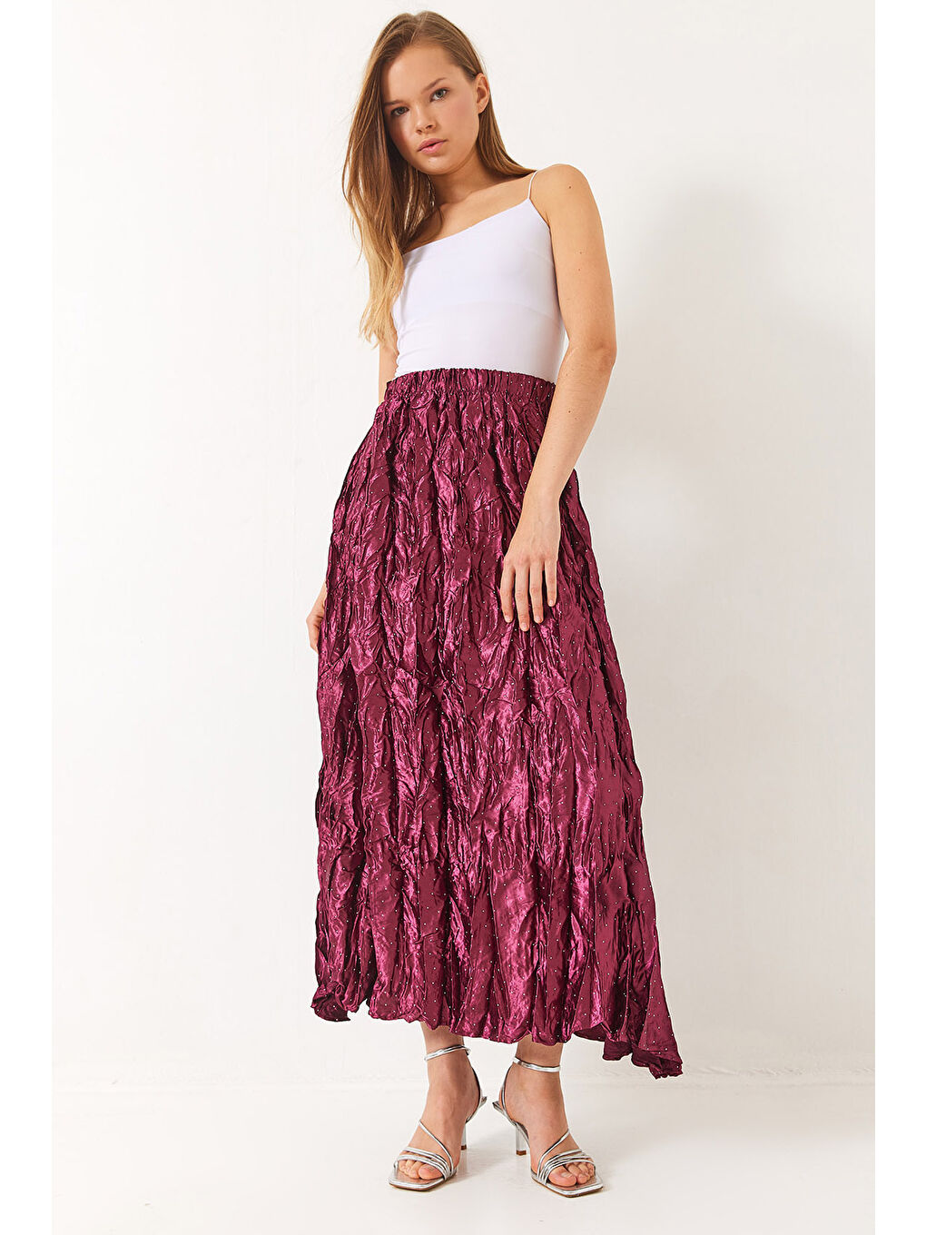 Fuşya Kadın Beli Lastikli Taşlı Kraş Saten Etek