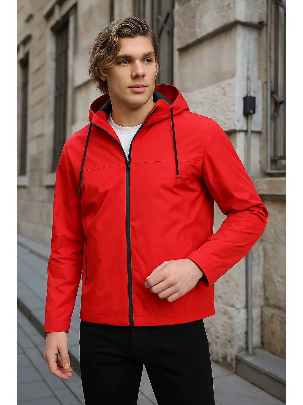 Erkek Astarlı Kapüşonlu Kırmızı Rüzgarlık & Yağmurluk-1