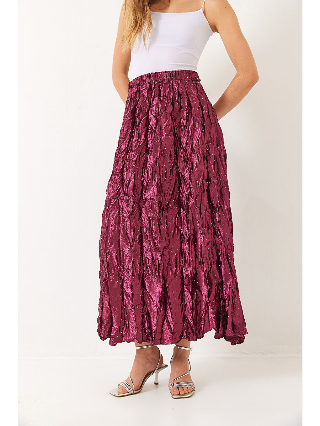 Fuşya Kadın Beli Lastikli Taşlı Kraş Saten Etek-1