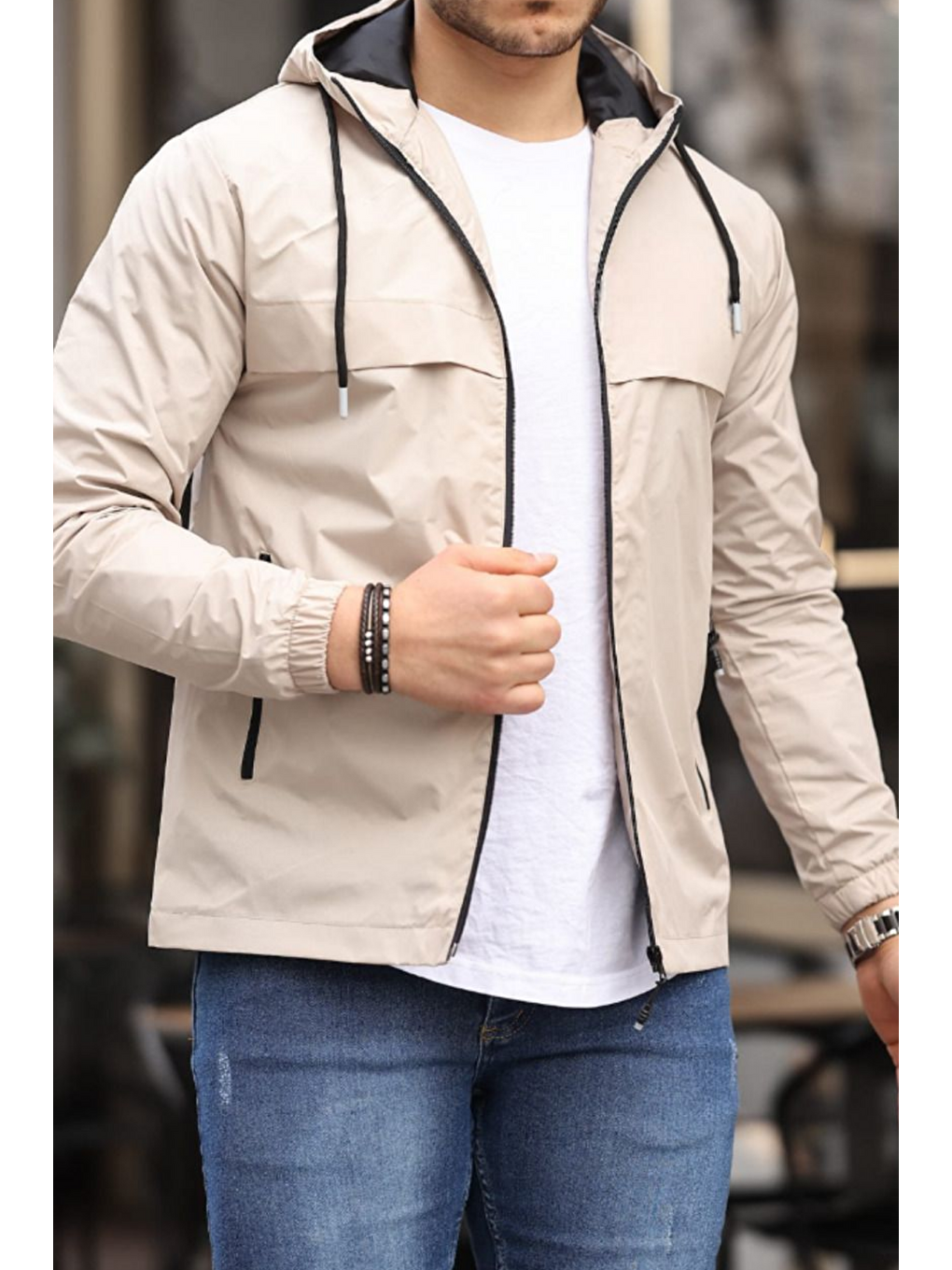 Bej Erkek Astarlı Kapüşonlu Taş Rüzgarlık & Yağmurluk-3