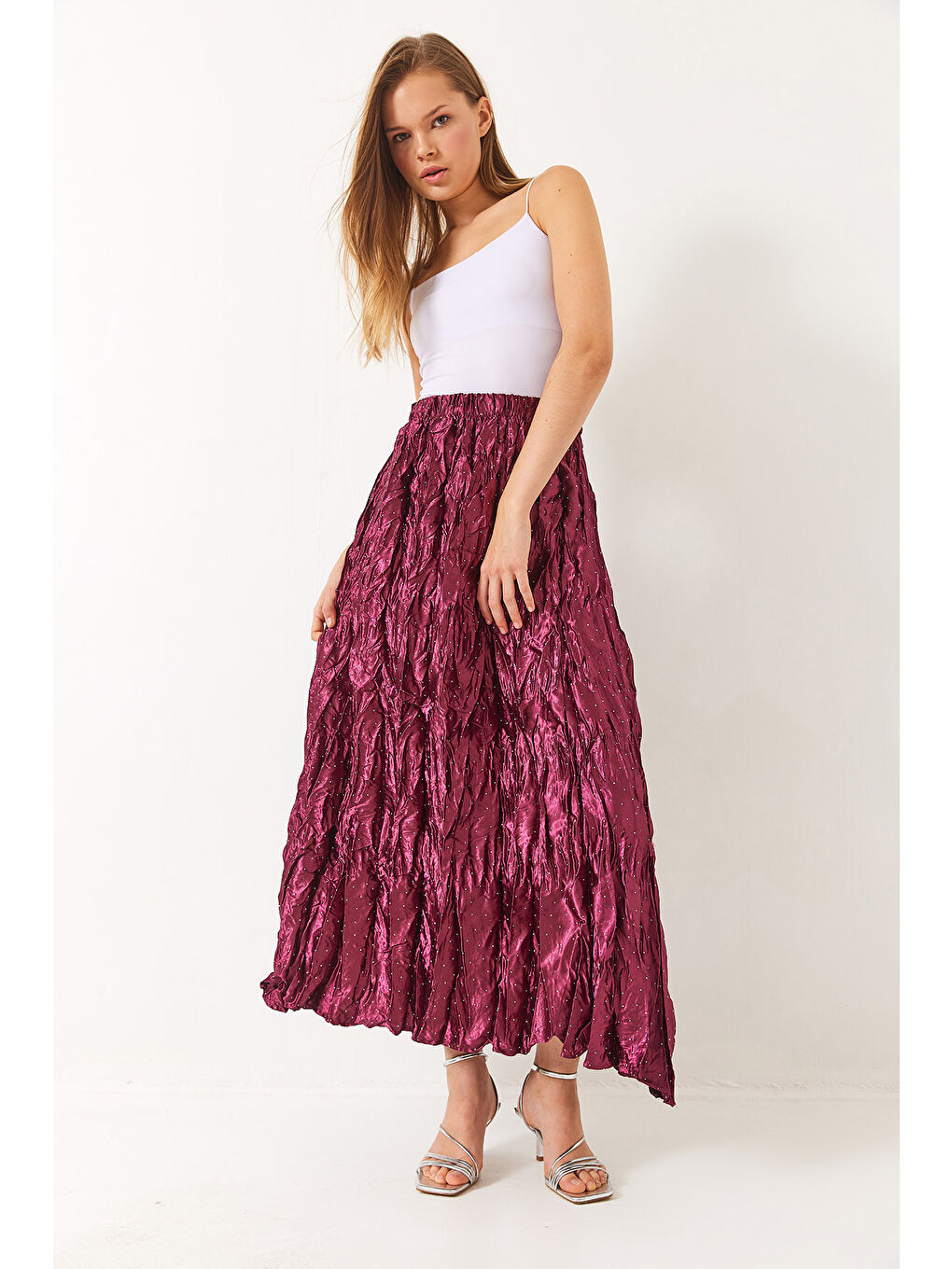 Fuşya Kadın Beli Lastikli Taşlı Kraş Saten Etek-3