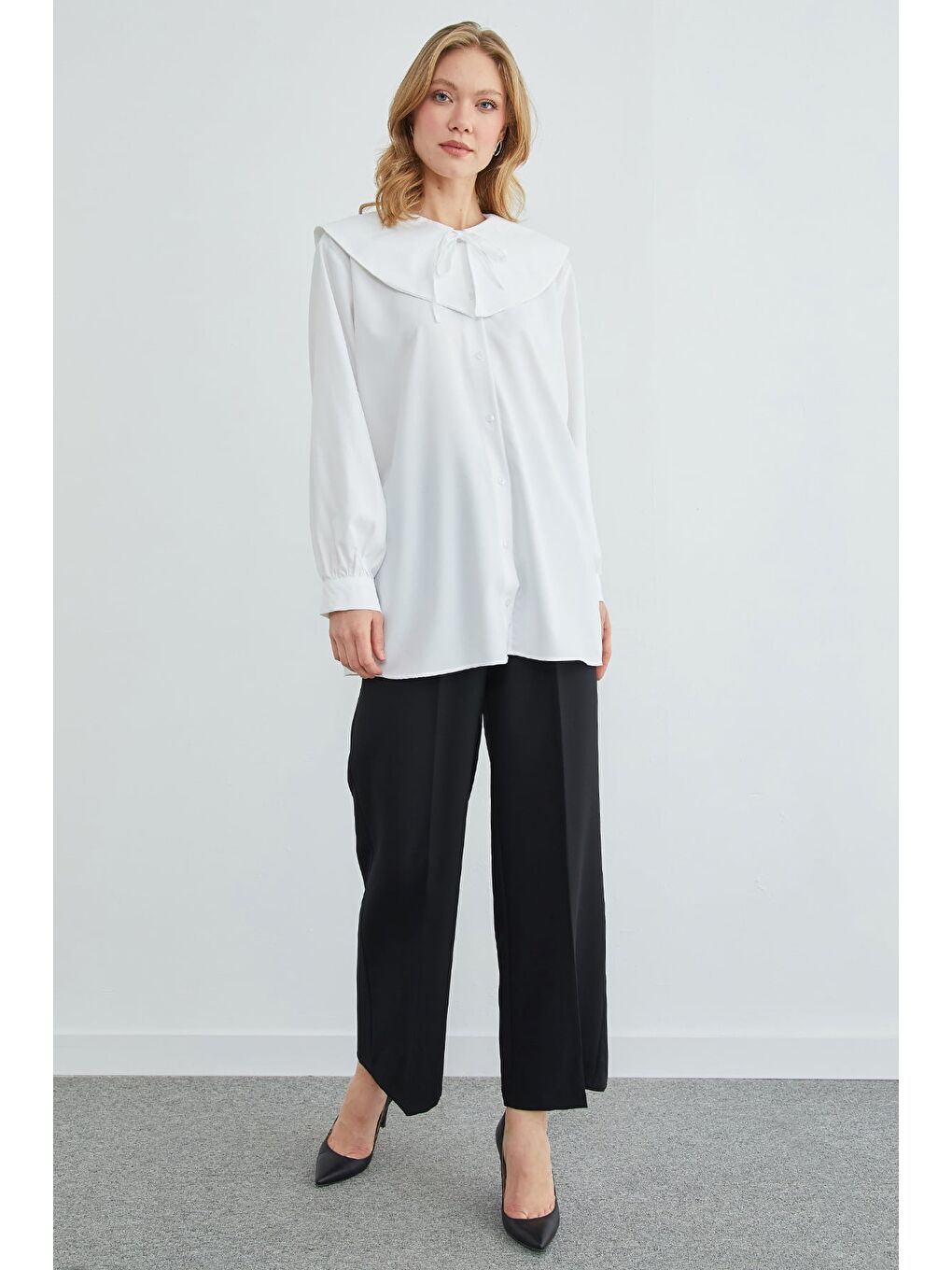 Beyaz Fullamodest Bebe Yaka Balon Kol Tunik-3