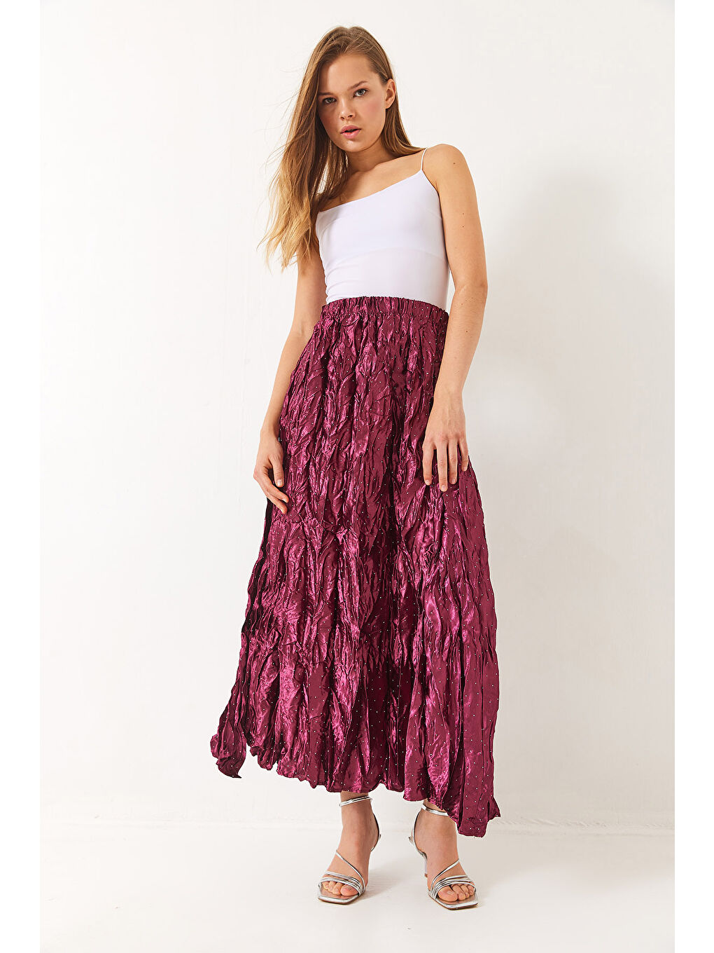 Fuşya Kadın Beli Lastikli Taşlı Kraş Saten Etek-4