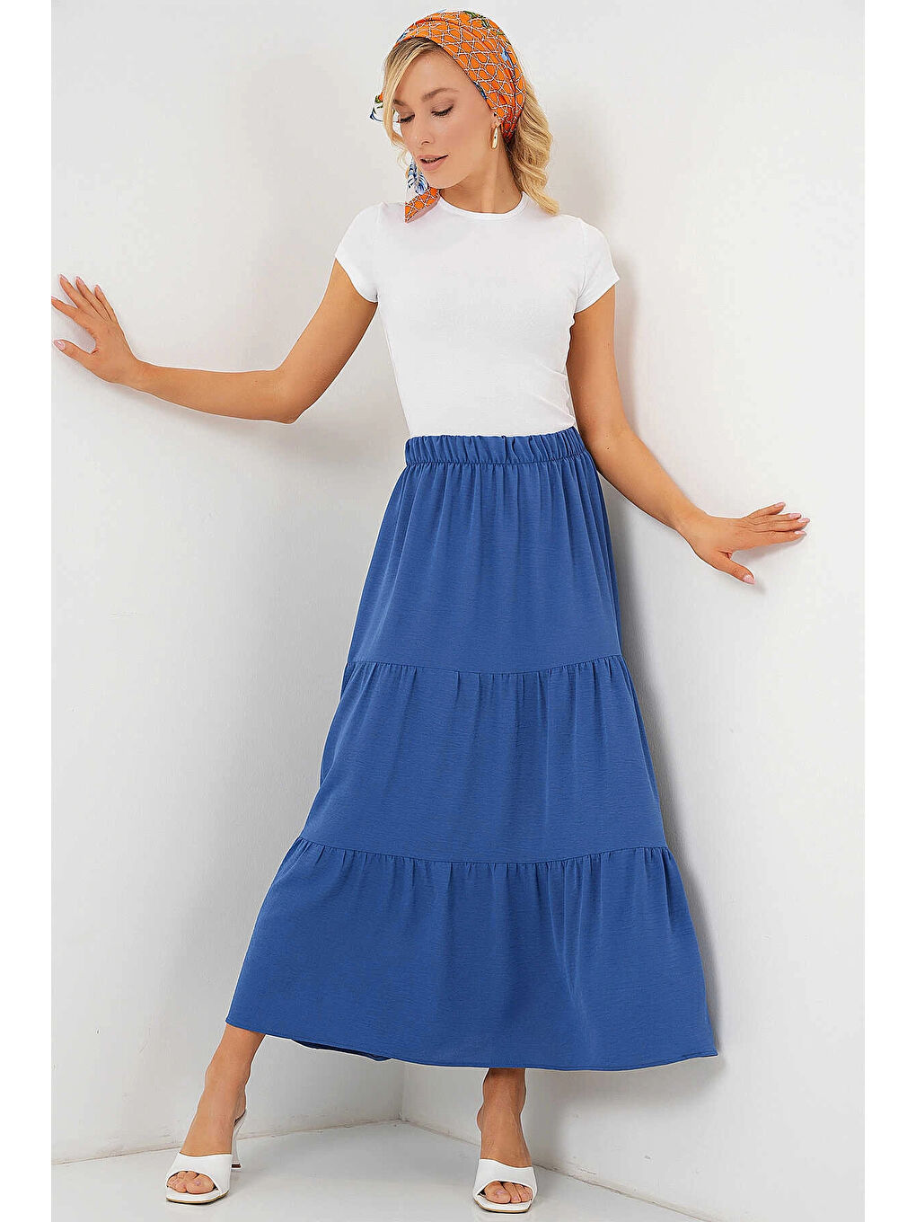 Kadın İndigo Mavi Beli Lastikli Ayrobin Uzun Etek HZL25S-BD180481-4