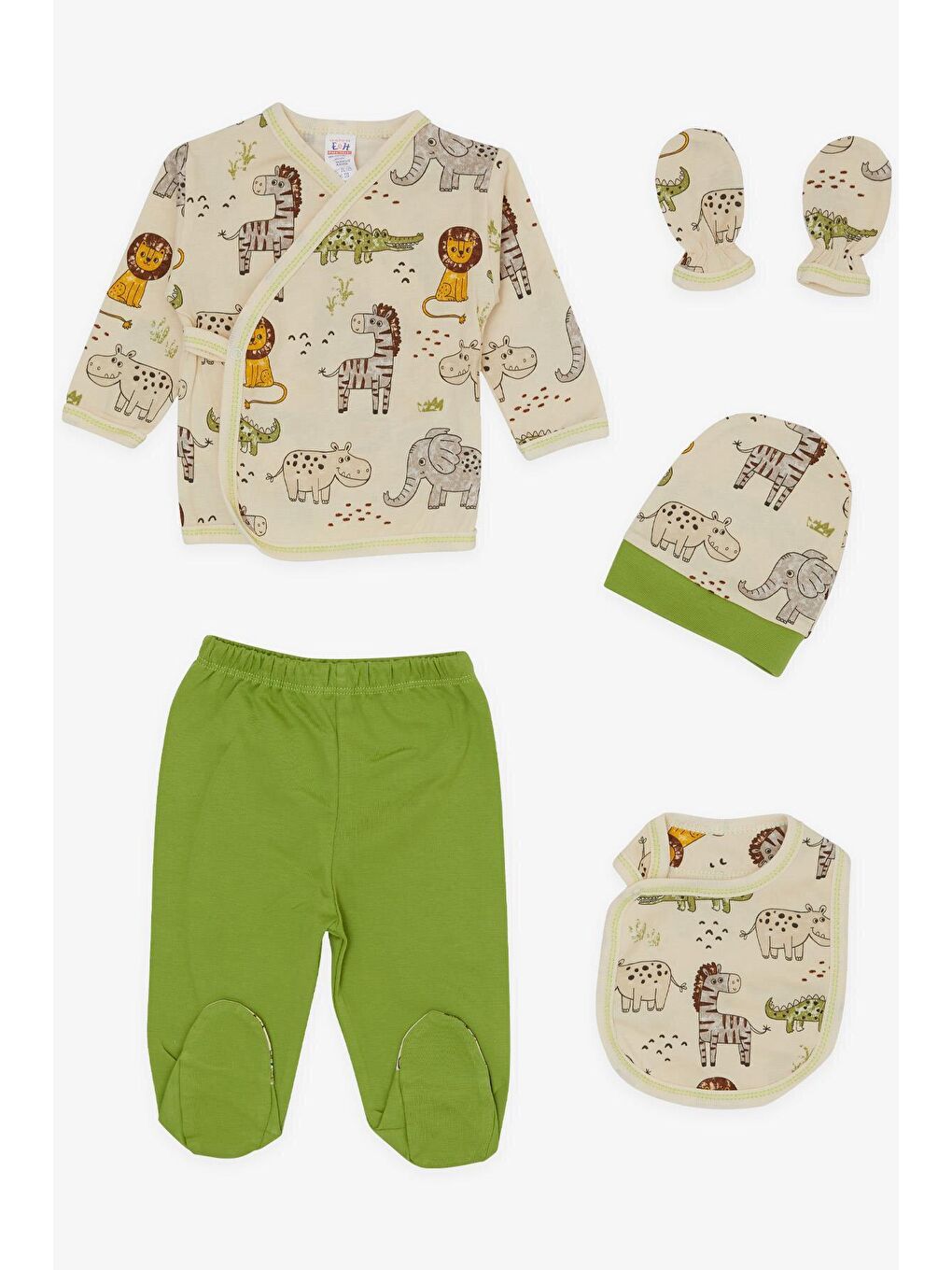 Ekru Erkek Bebek Hastane Çıkışı 5 li Sevimli Hayvancıklar Desenli Krem (3 Ay)
