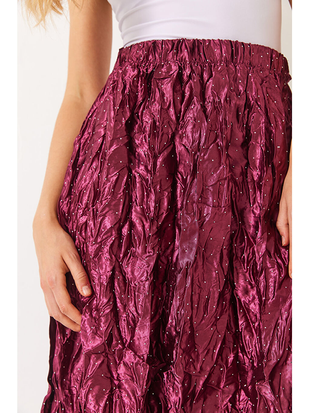 Fuşya Kadın Beli Lastikli Taşlı Kraş Saten Etek-5