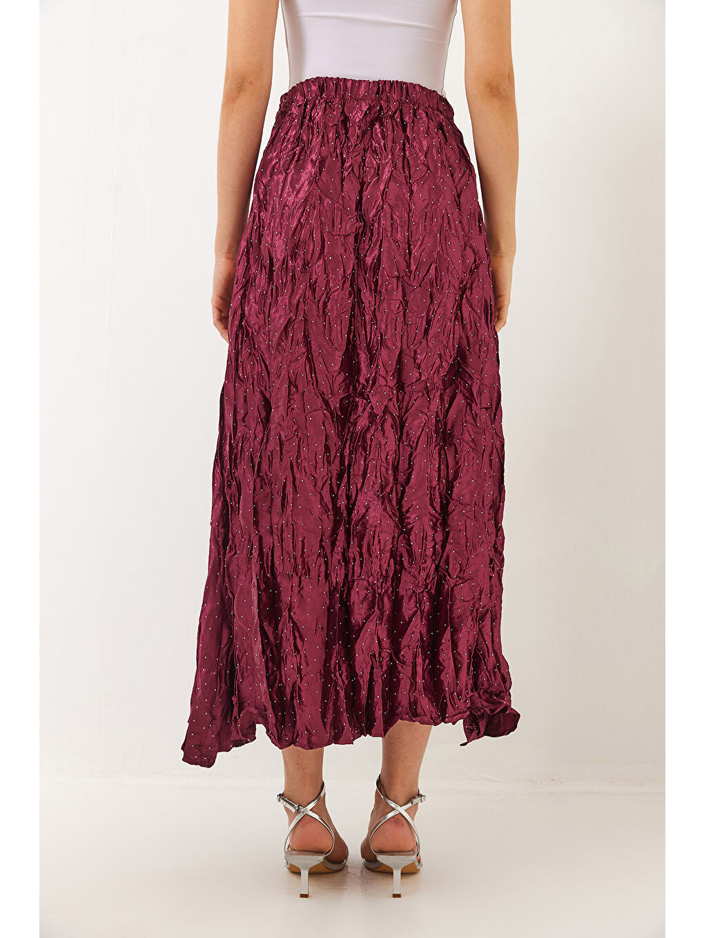 Fuşya Kadın Beli Lastikli Taşlı Kraş Saten Etek-6