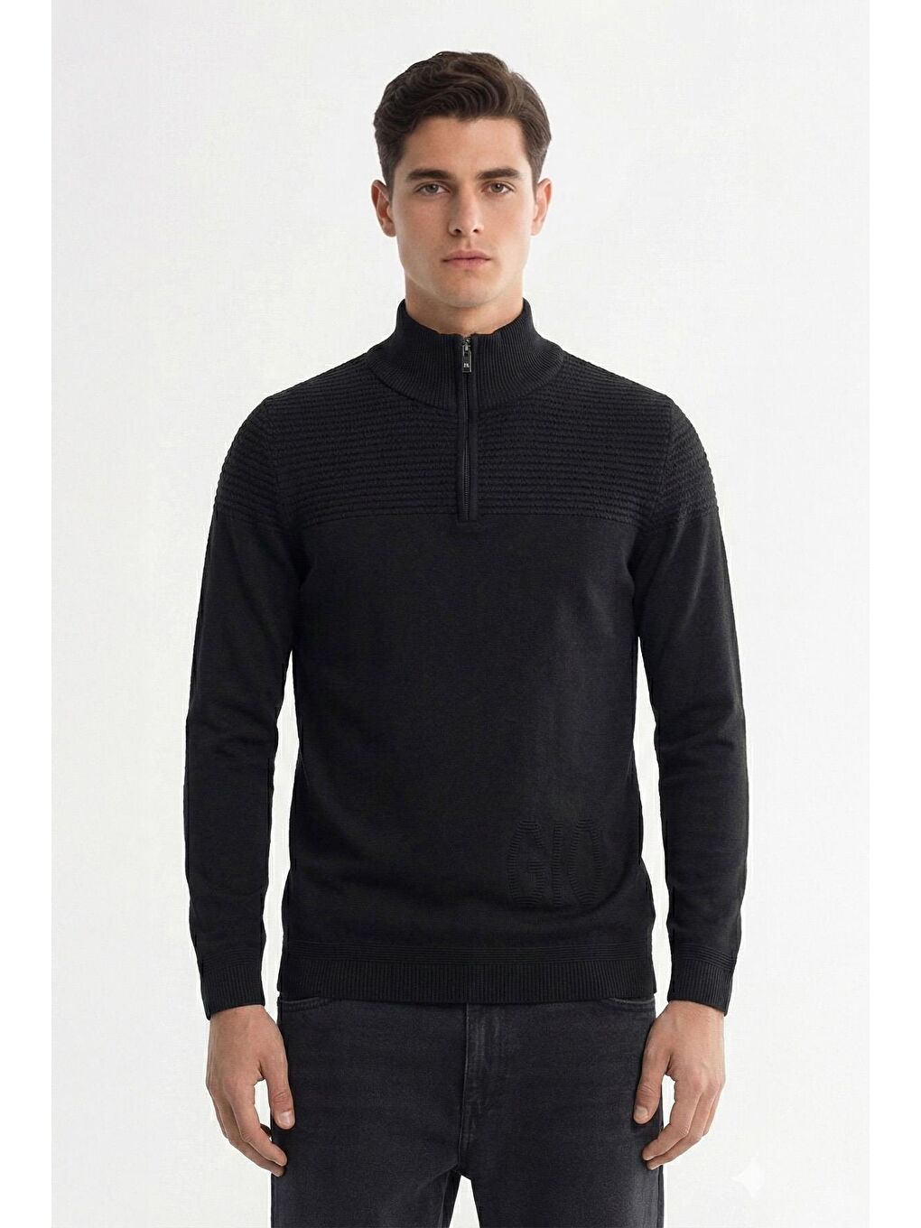Giotelli Siyah Regular Fit Yün Karışımlı Dik Yaka Fermuarlı Jakarlı Erkek Triko Kazak