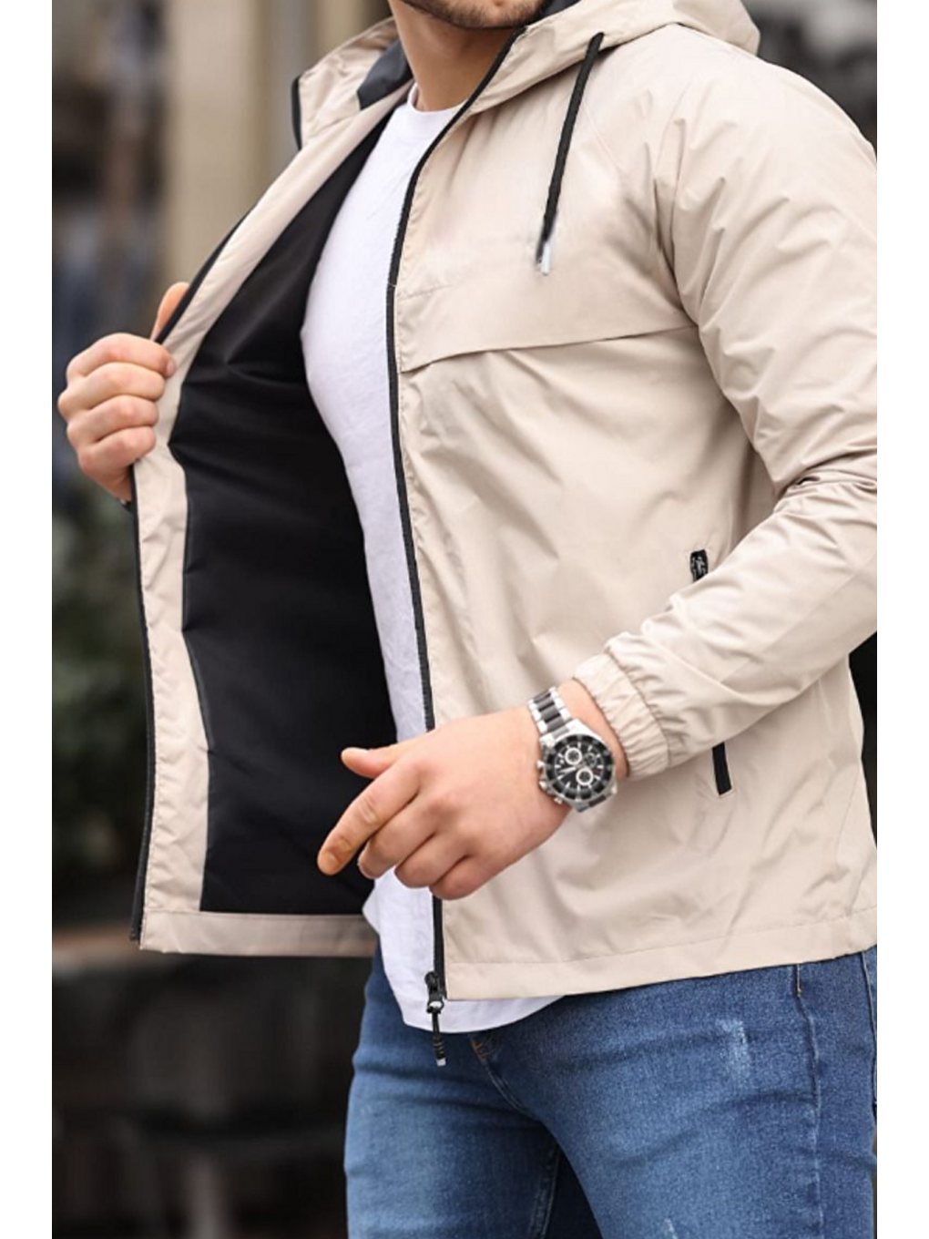 Bej Erkek Astarlı Kapüşonlu Taş Rüzgarlık & Yağmurluk-5