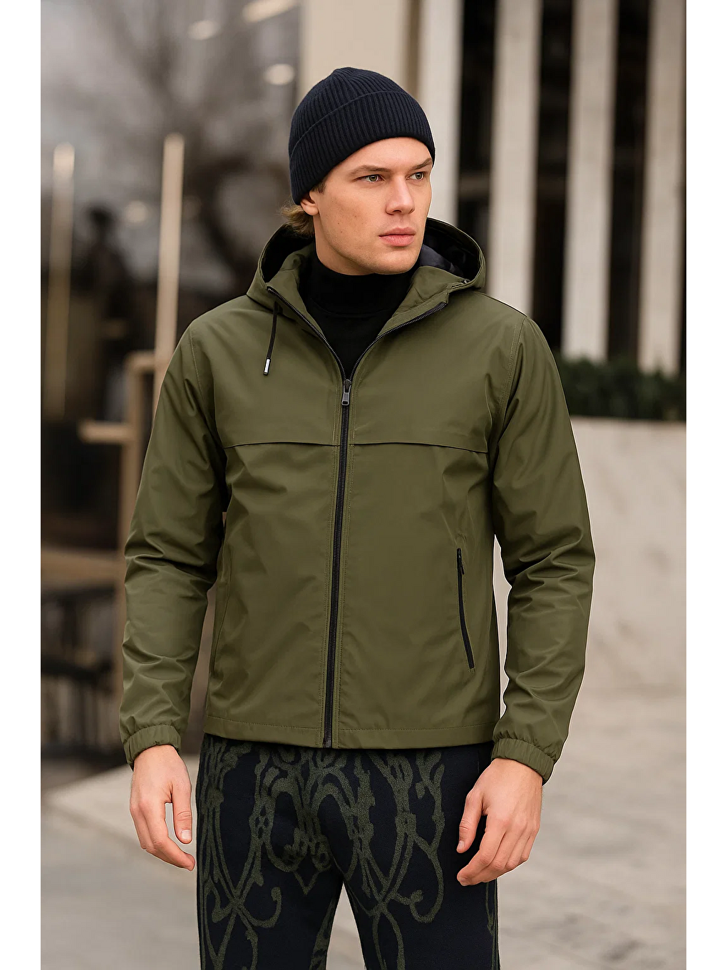Erkek Astarlı Kapüşonlu Haki Rüzgarlık & Yağmurluk-1