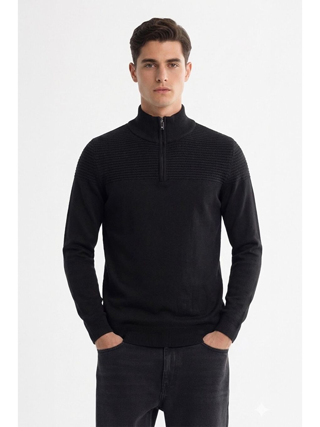 Giotelli Siyah Regular Fit Yün Karışımlı Dik Yaka Fermuarlı Jakarlı Erkek Triko Kazak-1