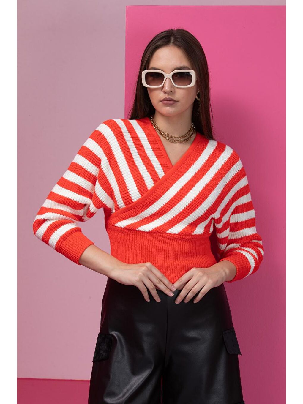 Turuncu Kadın Çizgili Kruvaze Yaka Triko Bluz 11005