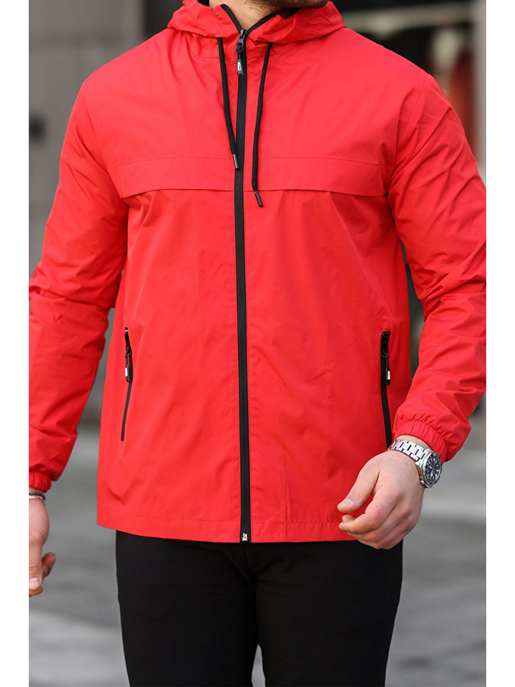 Erkek Astarlı Kapüşonlu Kırmızı Rüzgarlık & Yağmurluk-3
