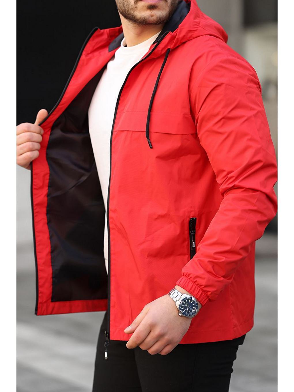 Erkek Astarlı Kapüşonlu Kırmızı Rüzgarlık & Yağmurluk-4