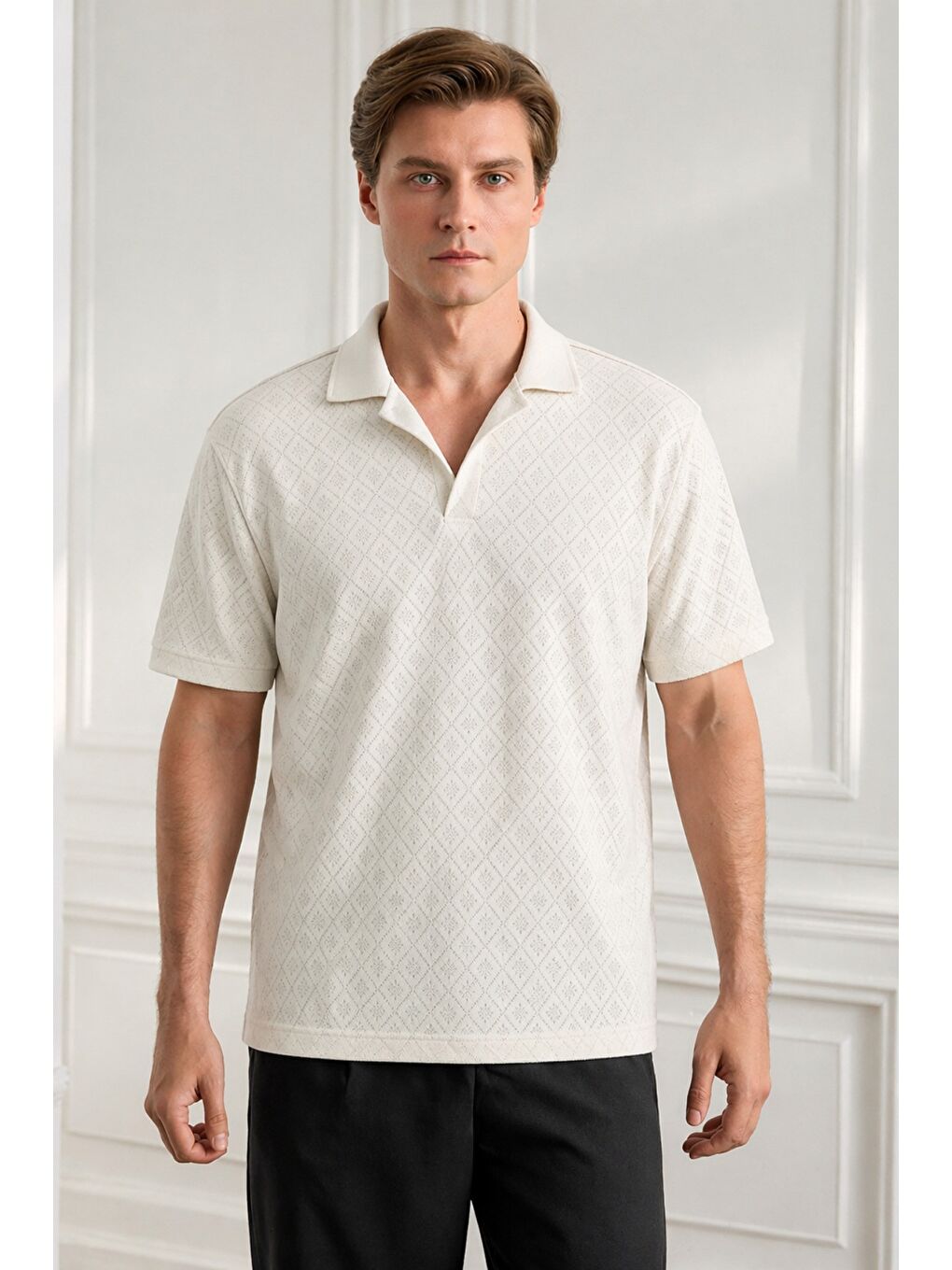 Beyaz Erkek Jakar Desenli Düğmesiz Polo Yaka Tişört Slim Fit Yazlık Triko Tişört-1