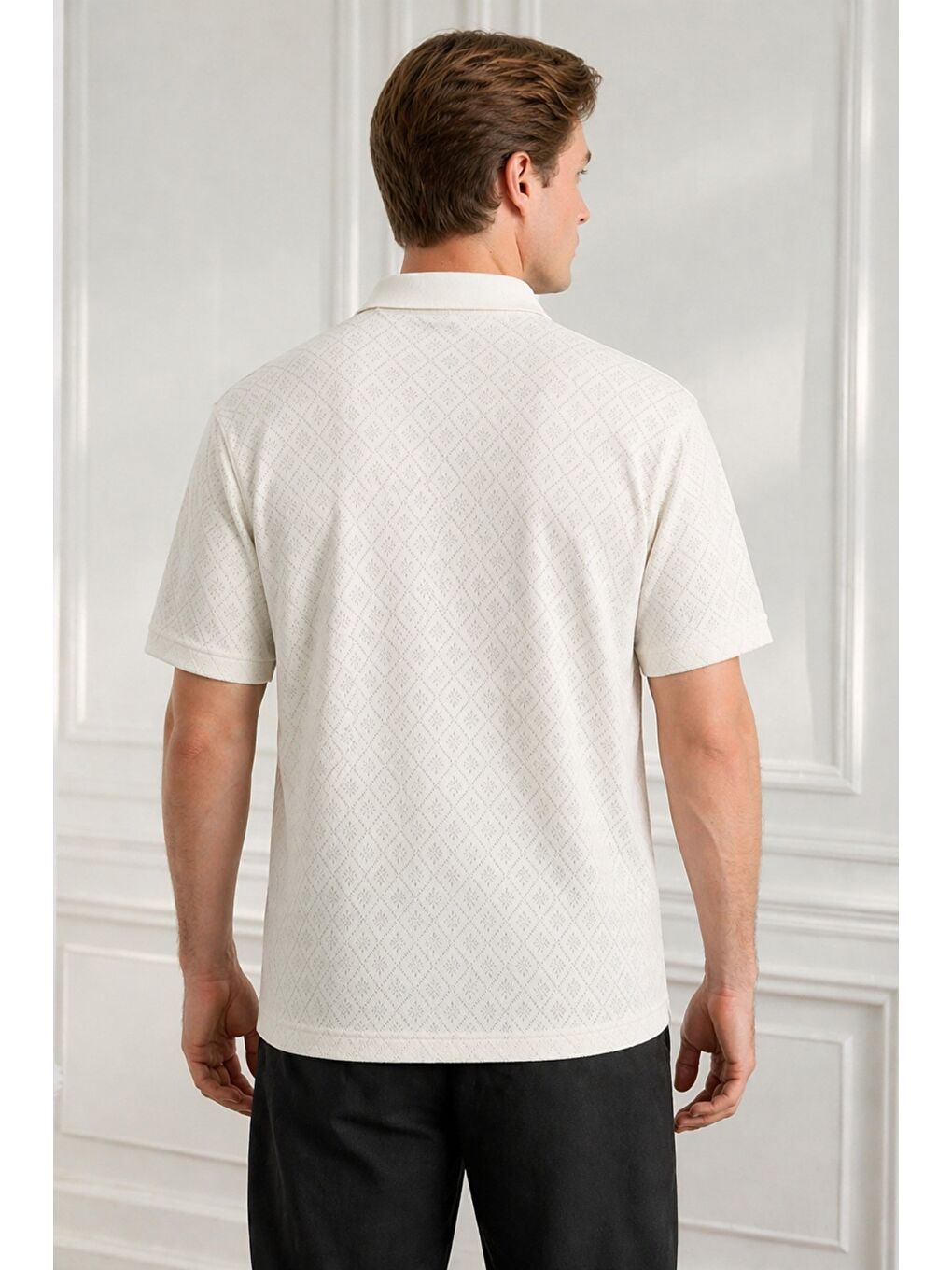 Beyaz Erkek Jakar Desenli Düğmesiz Polo Yaka Tişört Slim Fit Yazlık Triko Tişört-2