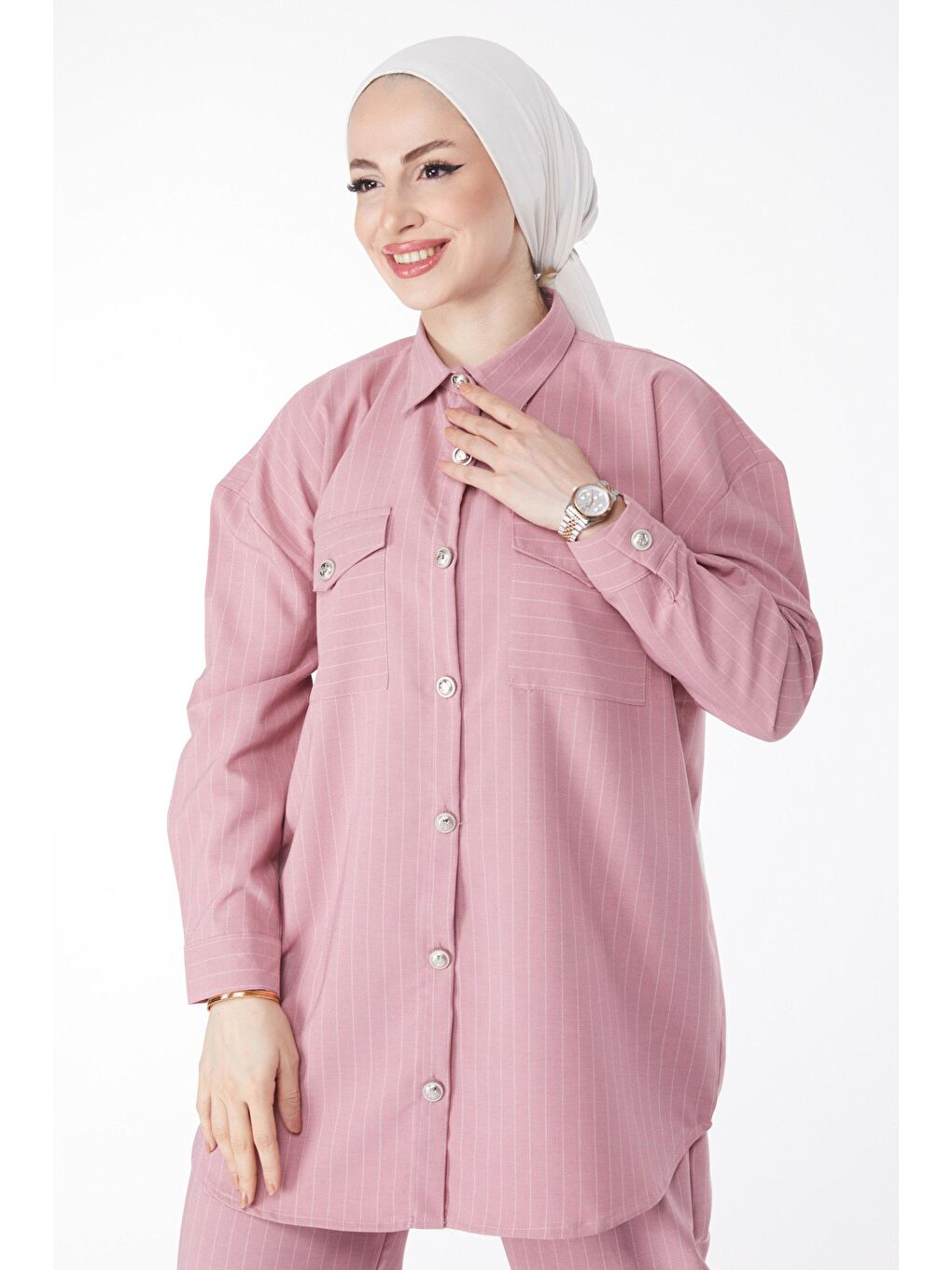 TOFİSA Pembe Düz Gömlek Yaka Kadın Pembe Çizgili Tunik + Pantolon  - 25053 - 1