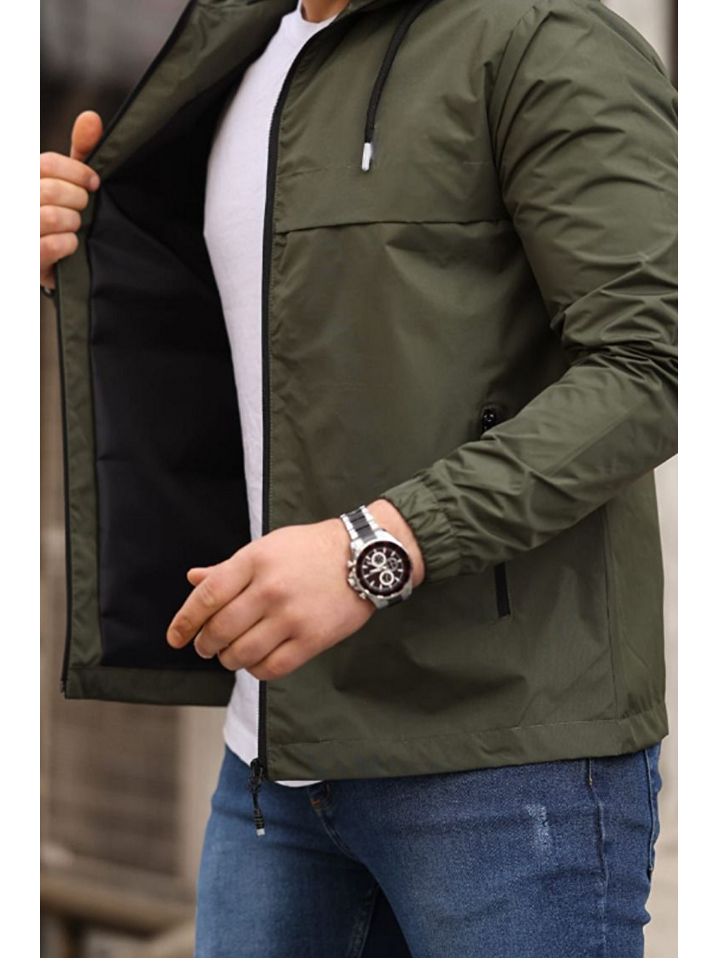 Erkek Astarlı Kapüşonlu Haki Rüzgarlık & Yağmurluk-3