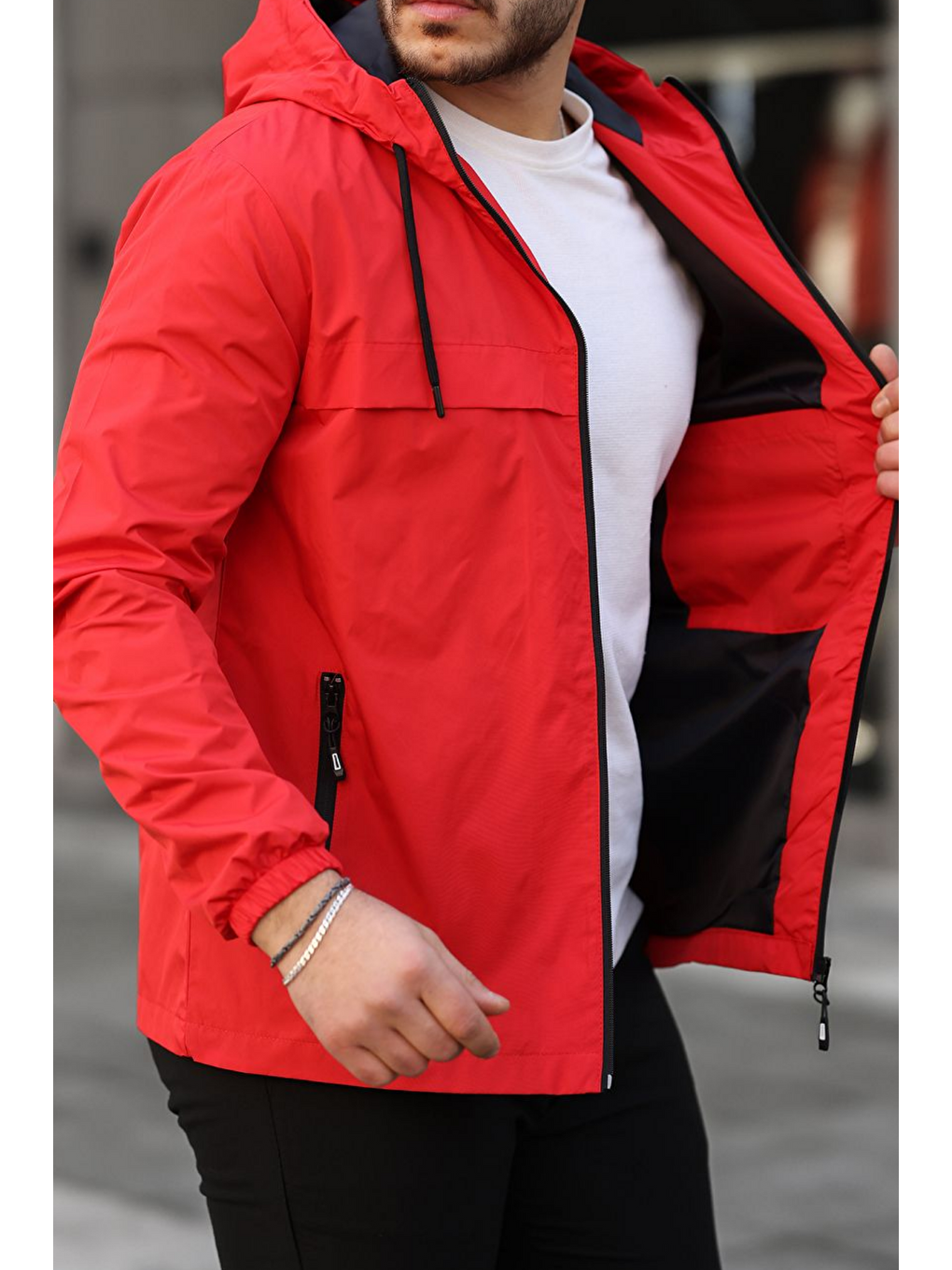 Erkek Astarlı Kapüşonlu Kırmızı Rüzgarlık & Yağmurluk-5