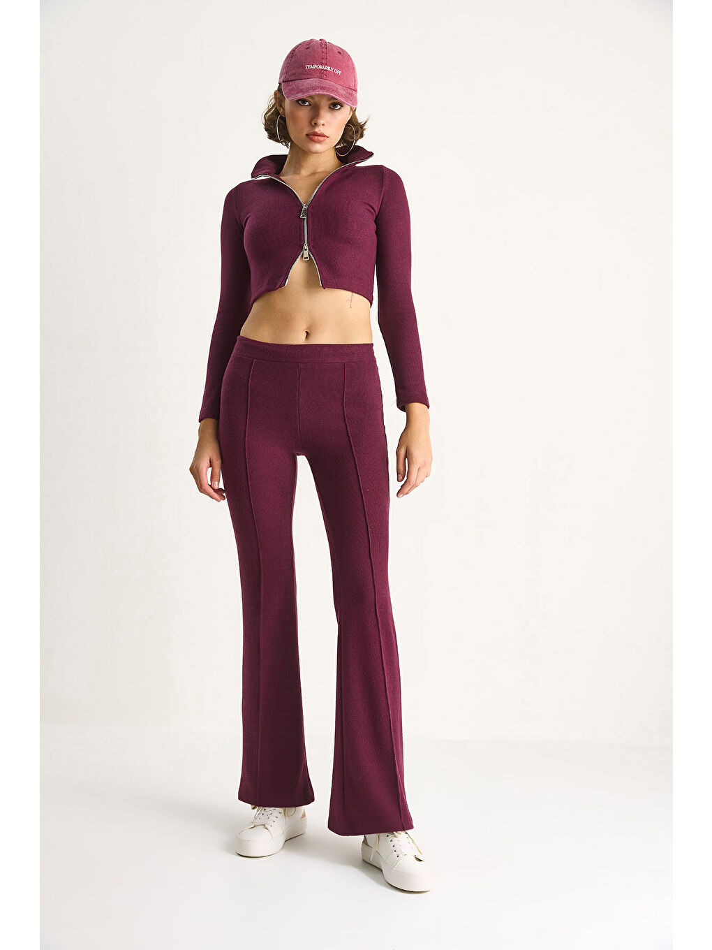 Mürdüm Kadın Fitilli Örme Kumaş Çift Fermuar Detaylı Balıkçı Yaka Alt-Üst Takım-1