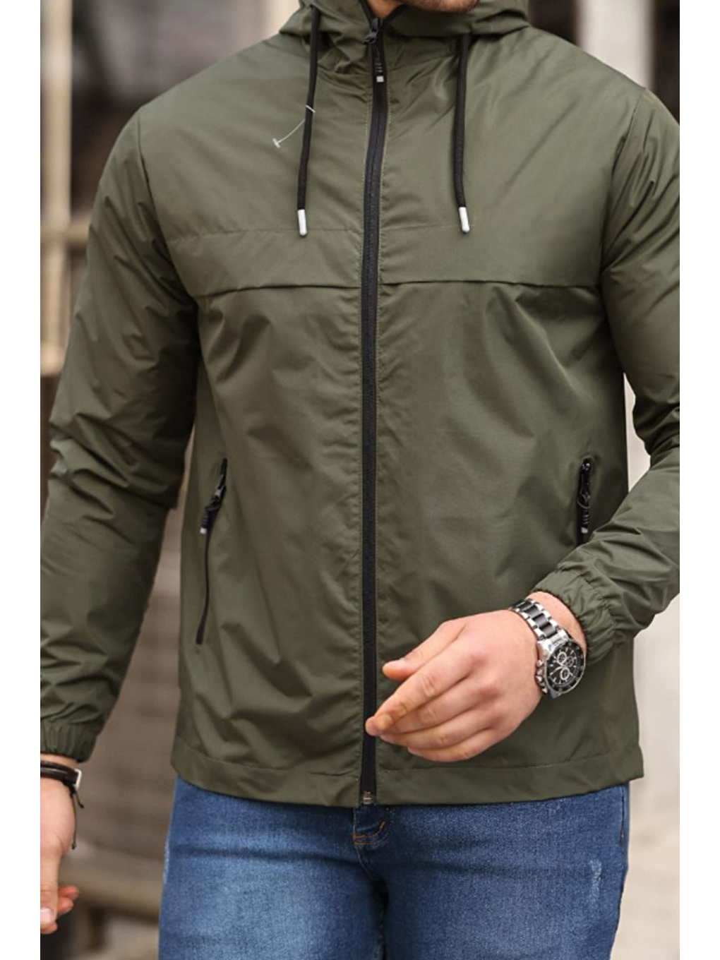 Erkek Astarlı Kapüşonlu Haki Rüzgarlık & Yağmurluk-4