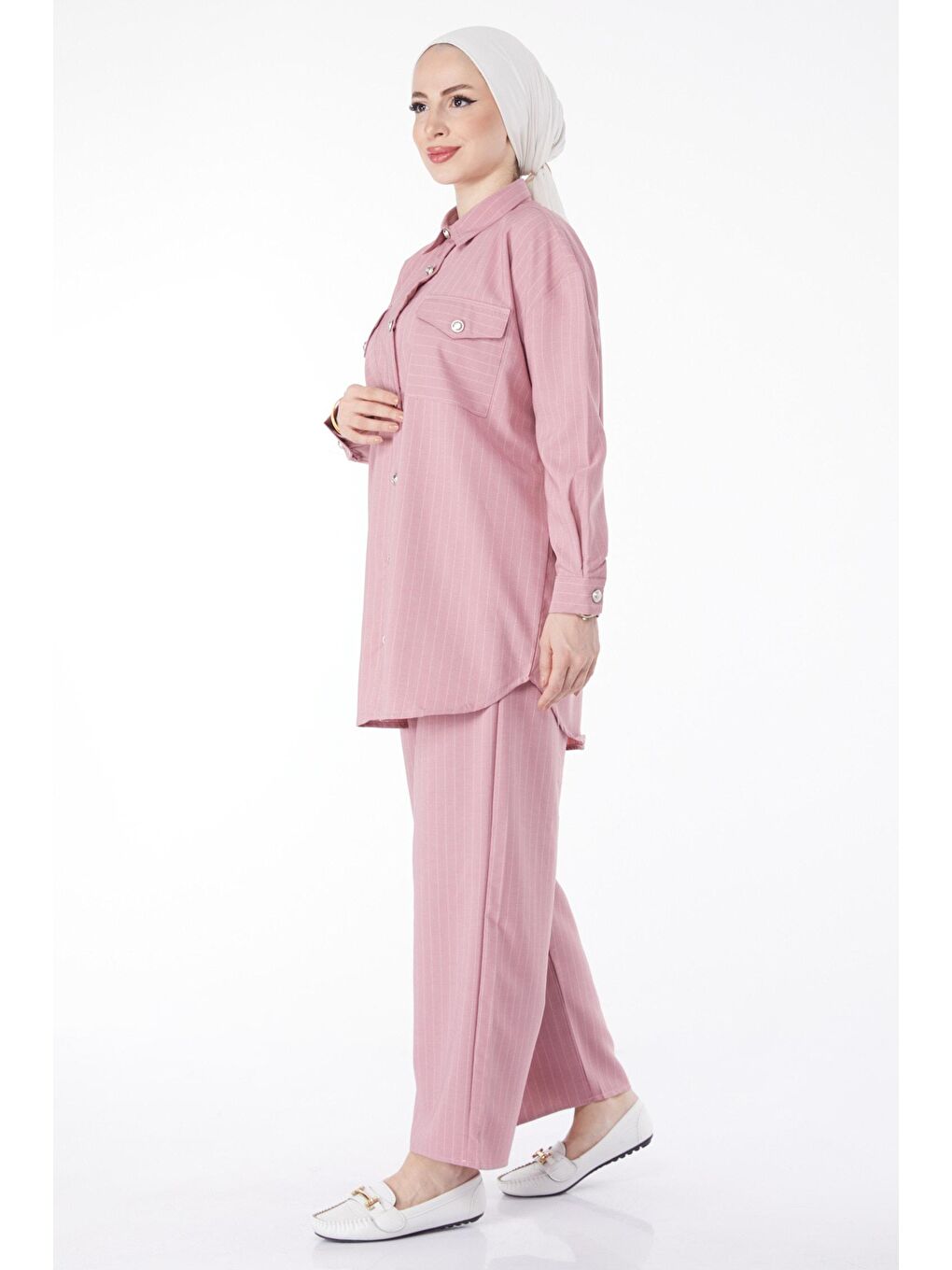 TOFİSA Pembe Düz Gömlek Yaka Kadın Pembe Çizgili Tunik + Pantolon  - 25053 - 2