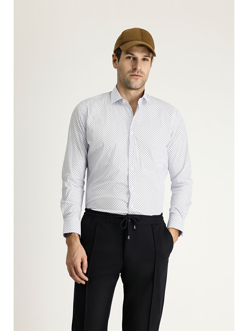 Mavi Uzun Kol Slim Fit Dar Kesim Baskılı Pamuklu Gömlek