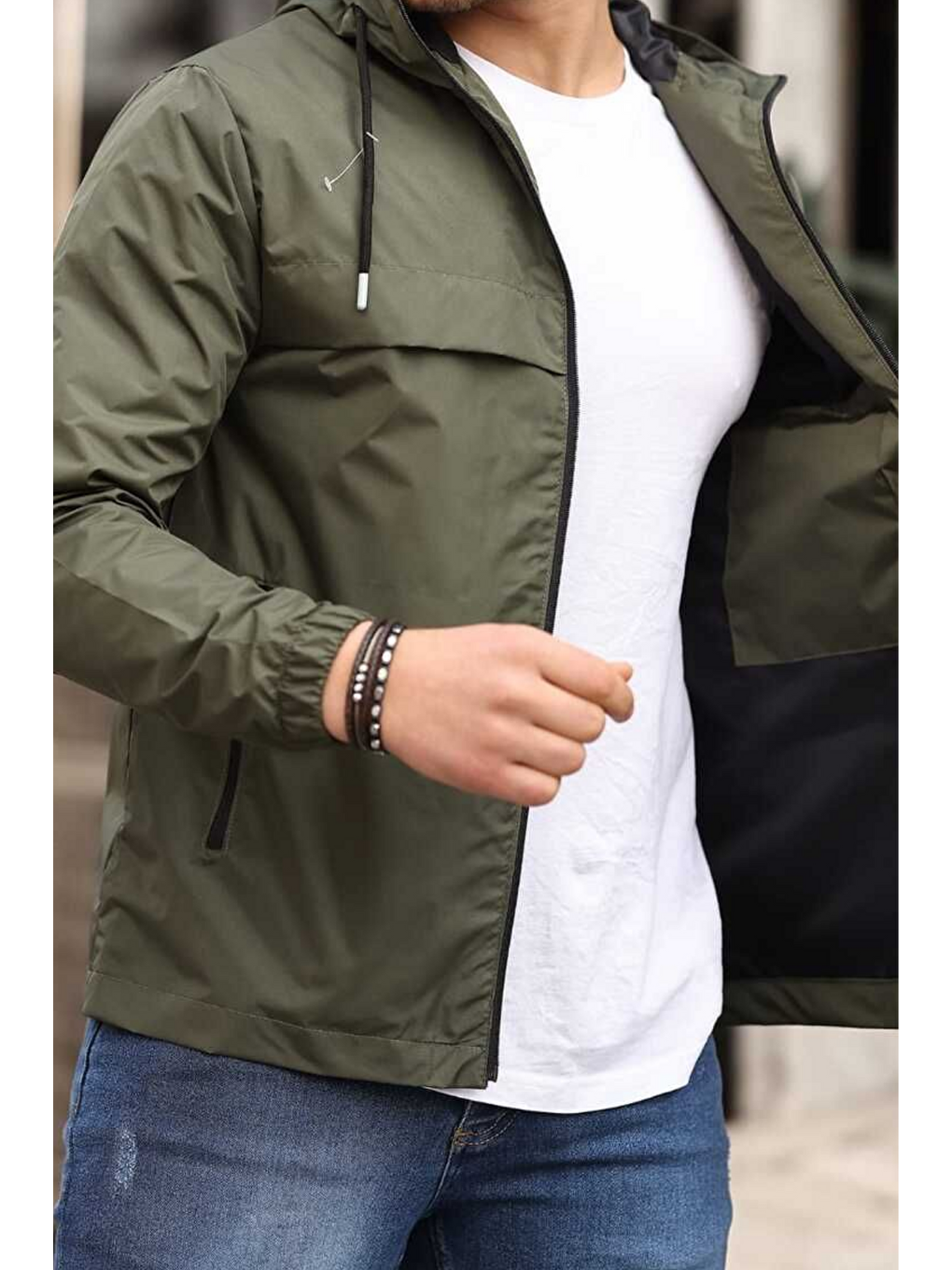 Erkek Astarlı Kapüşonlu Haki Rüzgarlık & Yağmurluk-5