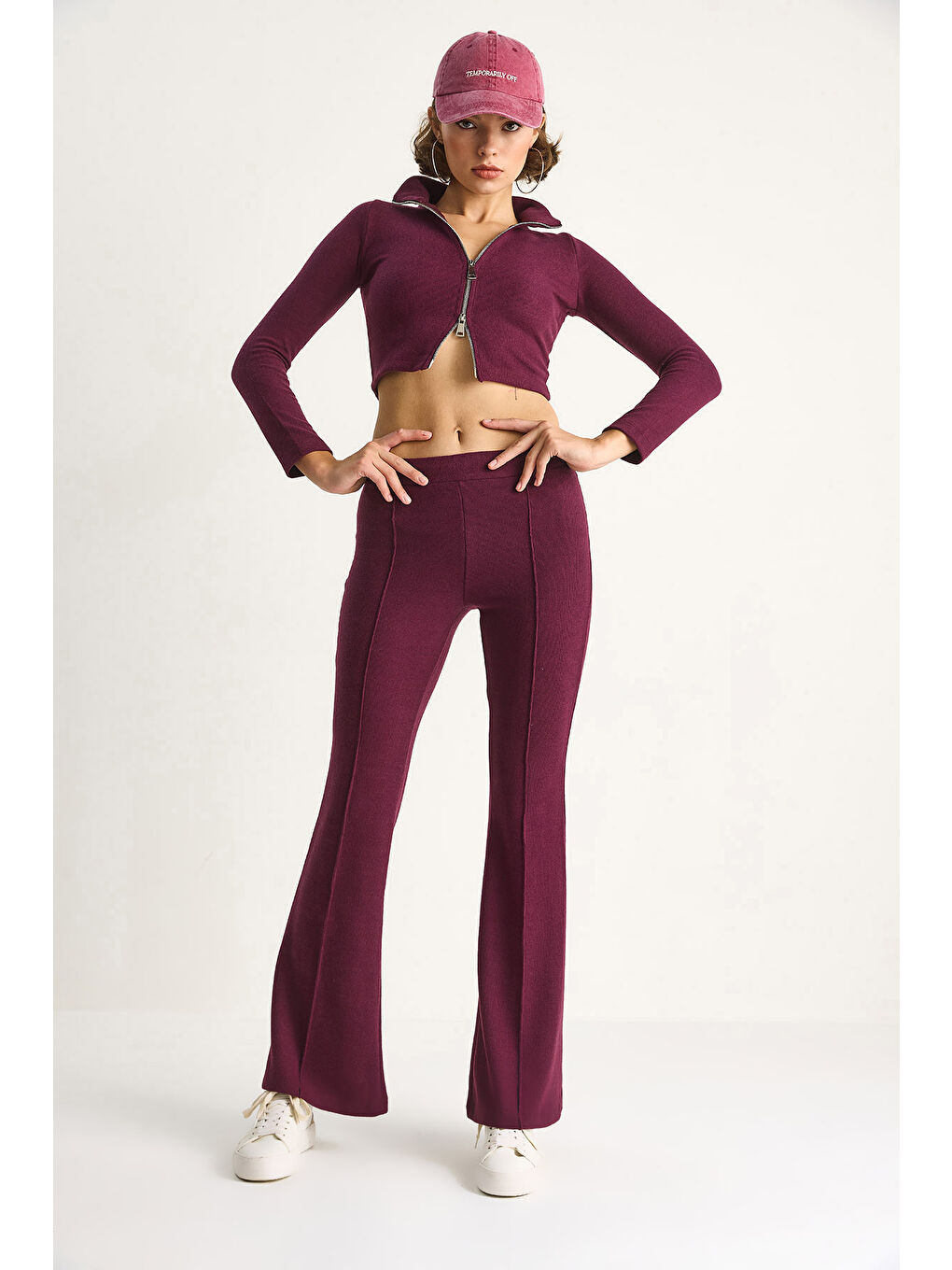 Mürdüm Kadın Fitilli Örme Kumaş Çift Fermuar Detaylı Balıkçı Yaka Alt-Üst Takım-2