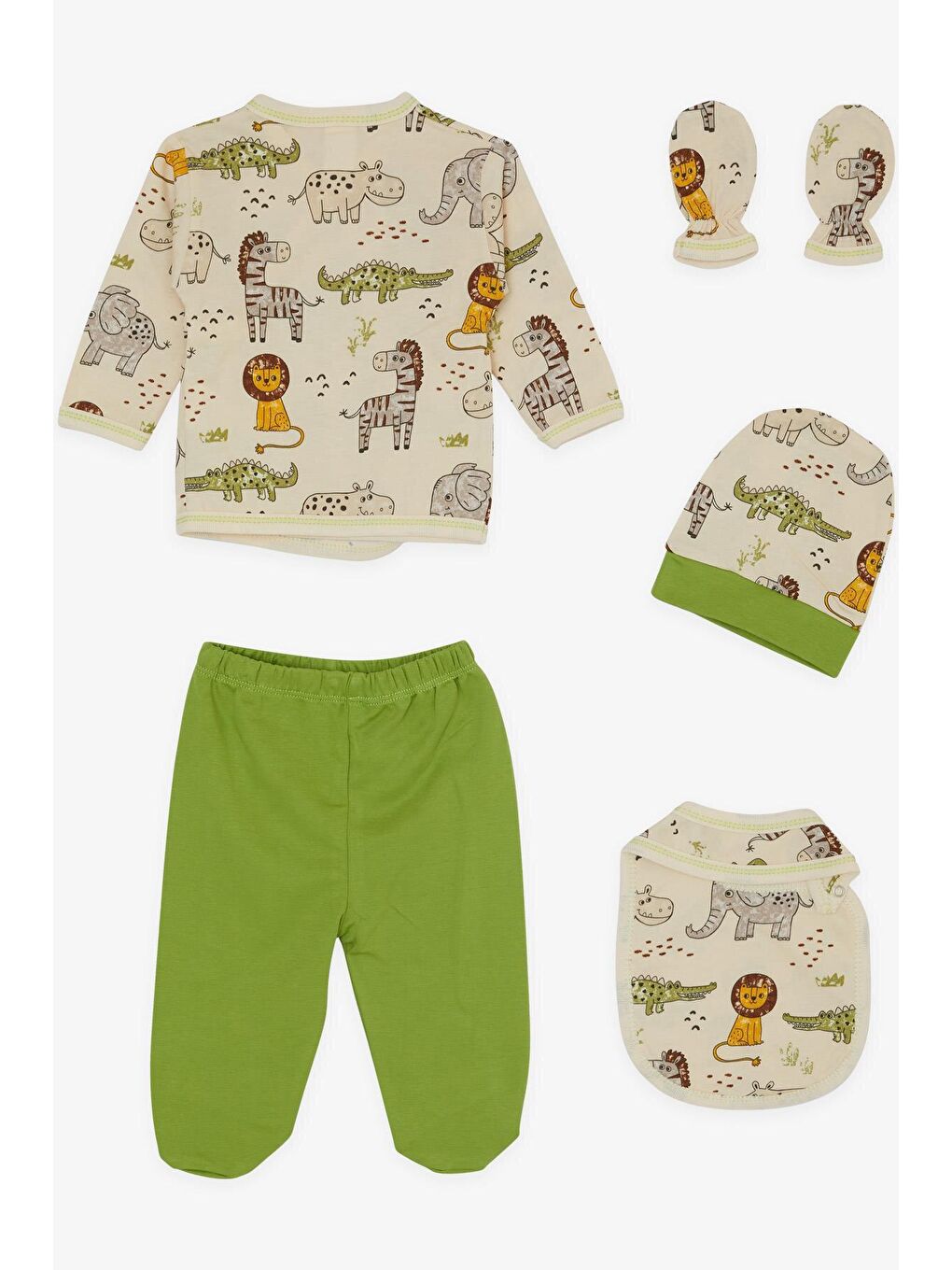 Ekru Erkek Bebek Hastane Çıkışı 5 li Sevimli Hayvancıklar Desenli Krem (3 Ay)-1