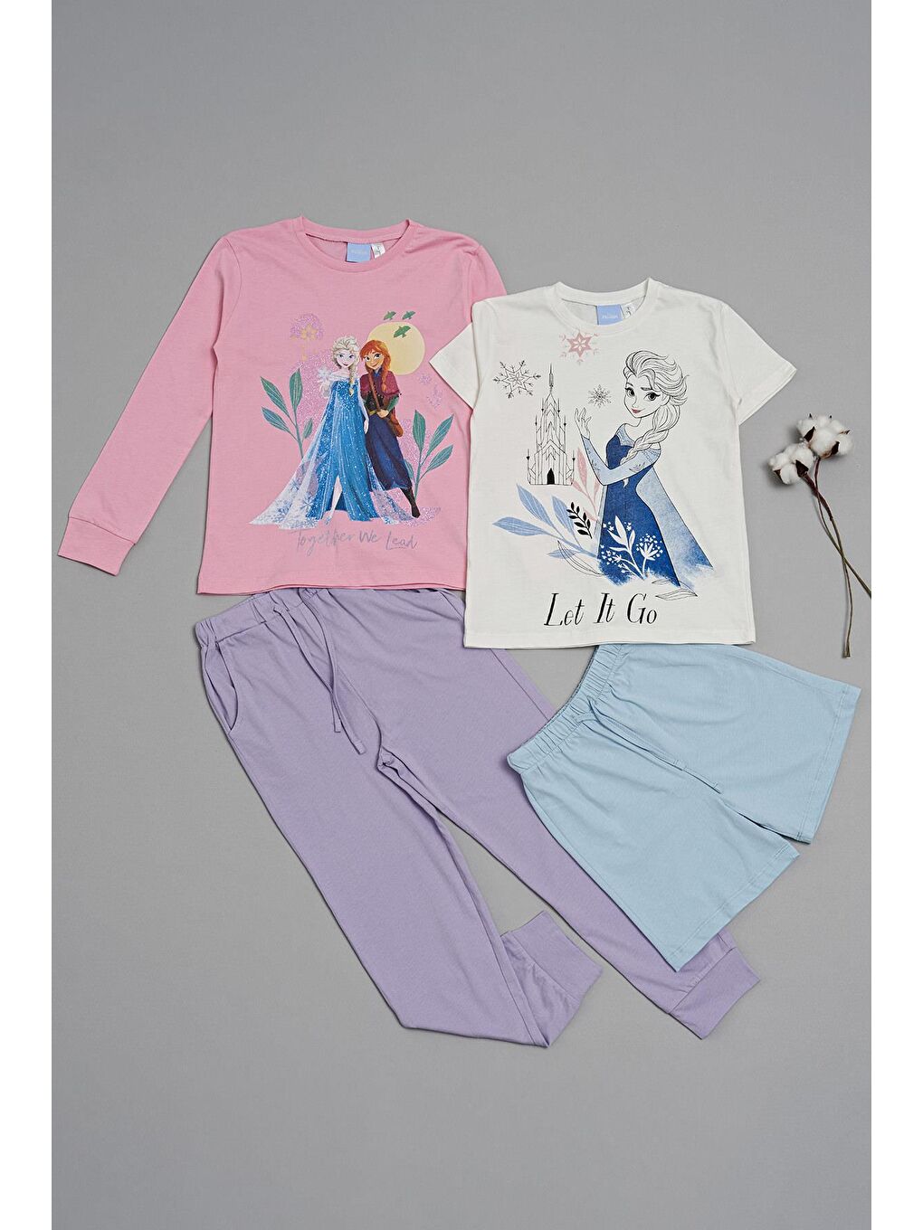 For You Kids Pudra Pembe 4'lü Frozen Baskılı Pudra Tshirt Şort Pantolon Takım - 1