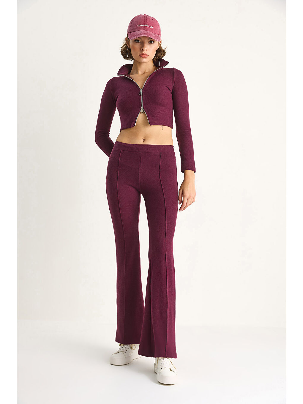 Mürdüm Kadın Fitilli Örme Kumaş Çift Fermuar Detaylı Balıkçı Yaka Alt-Üst Takım-3