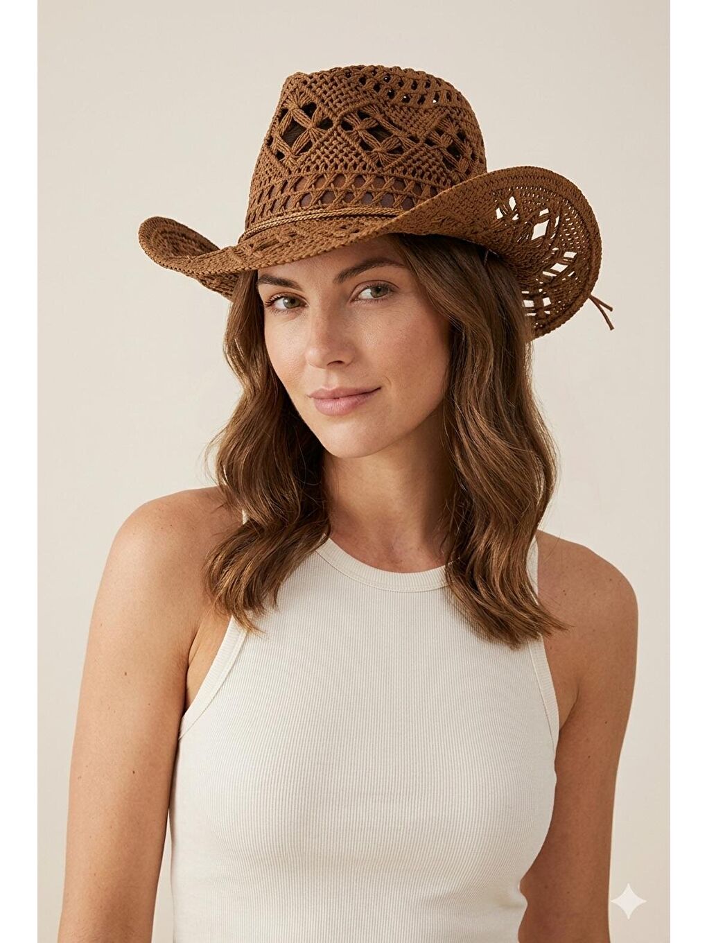 Hasır Fedora Kahverengi Şapka Ajur Örgü Detaylı Yazlık Model HSR2117 KAHVERENGI