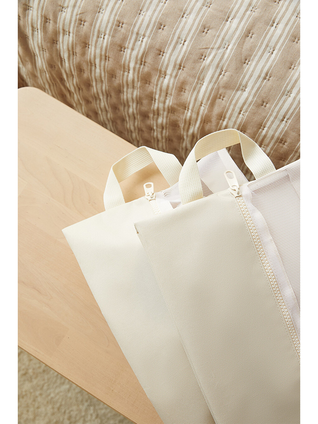 2'li Bej Renk Fileli Oxford Kumaş Ayakkabı Düzenleyici Taşıma Çantası Seti 22 X 40 X 9 Cm-4