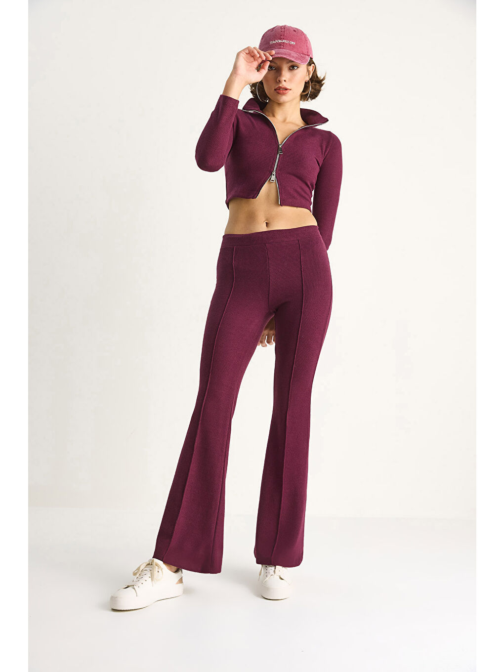 Mürdüm Kadın Fitilli Örme Kumaş Çift Fermuar Detaylı Balıkçı Yaka Alt-Üst Takım-4