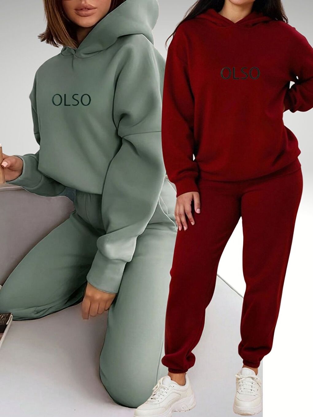 Karışık 2Li Set Nane Yeşili+Bordo Olso Baskılı Kapüşonlu Alt Üst Eşofman Takım