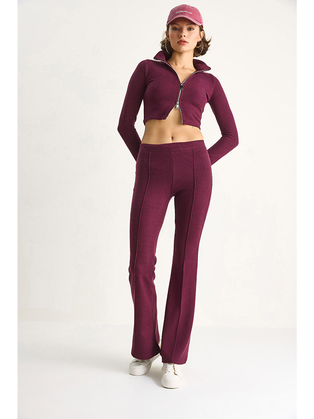 Mürdüm Kadın Fitilli Örme Kumaş Çift Fermuar Detaylı Balıkçı Yaka Alt-Üst Takım-5