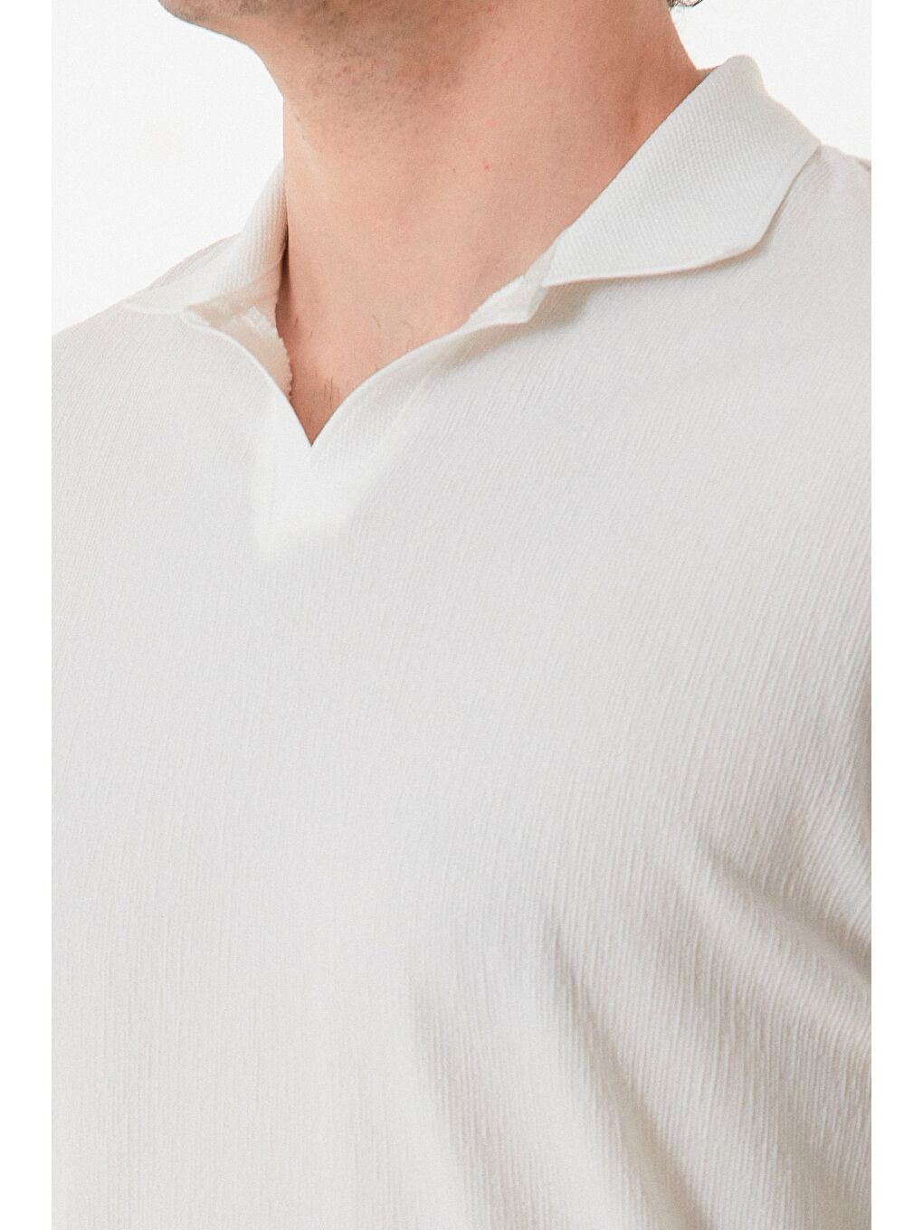 Ekru Basic Polo Yaka Jakarlı Tişört-4