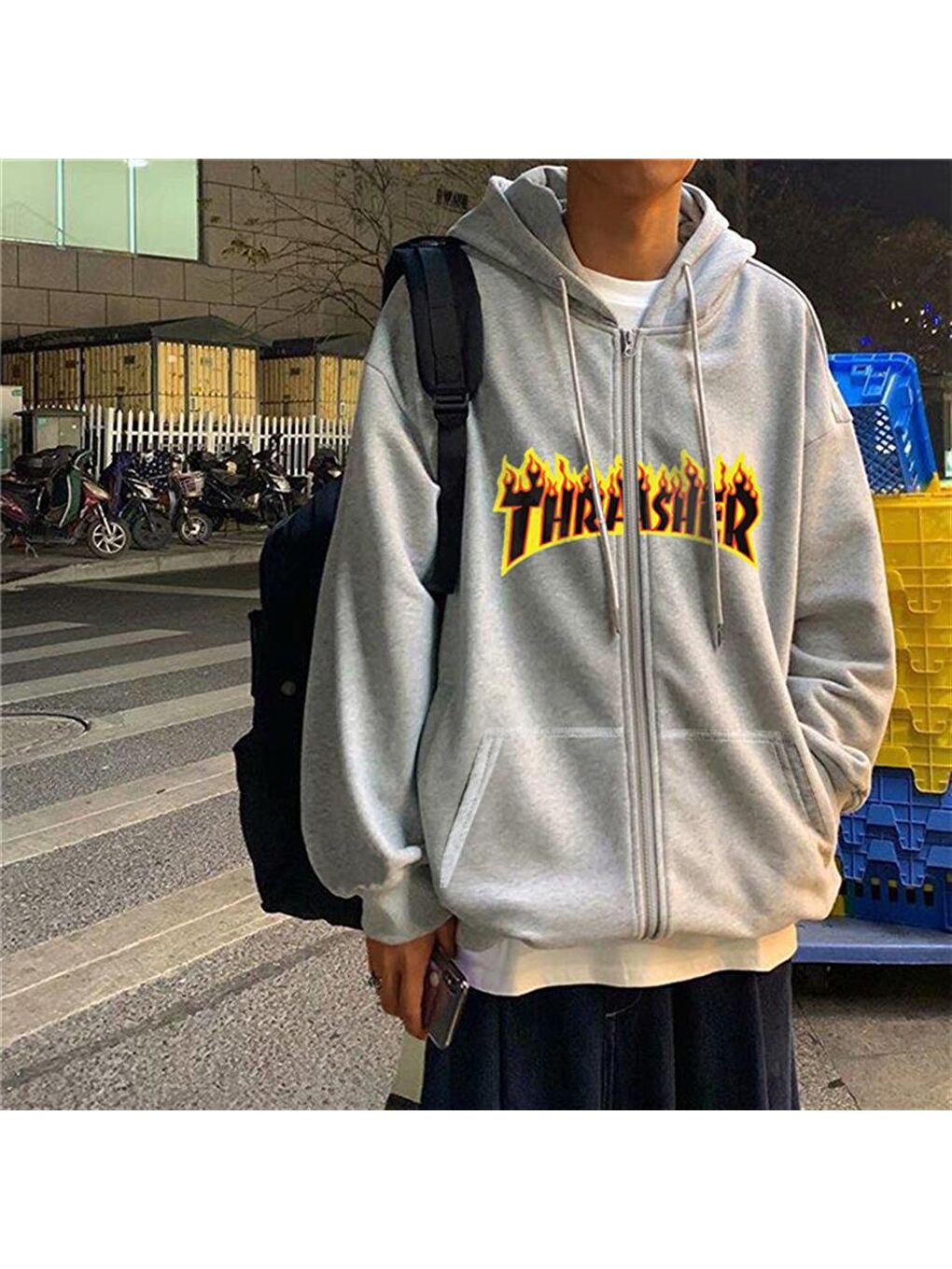 Touz Moda Gri Thrasher Baskılı Oversize Fermuarlı Gri Unisex Kapüşonlu Hırka