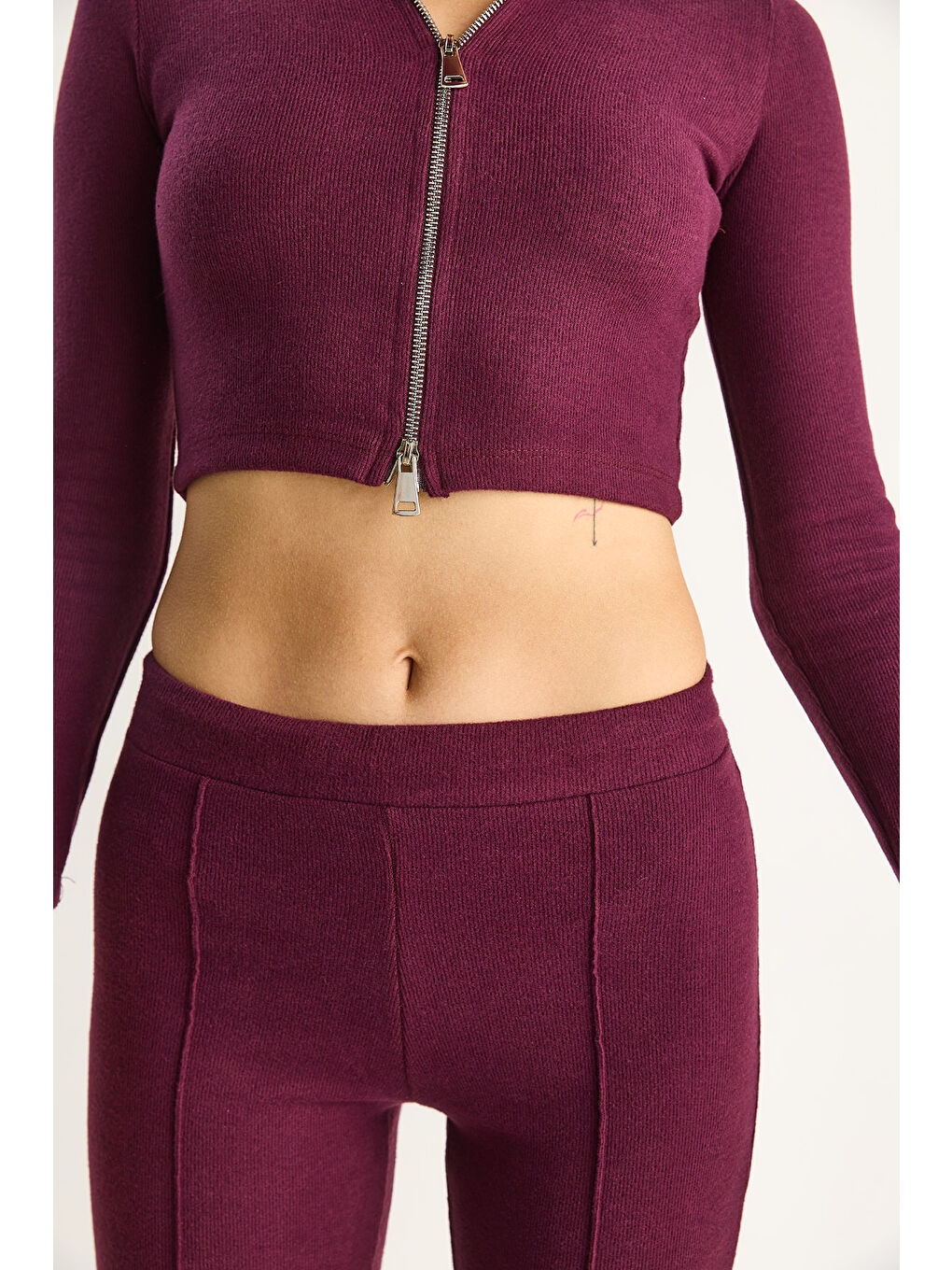 Mürdüm Kadın Fitilli Örme Kumaş Çift Fermuar Detaylı Balıkçı Yaka Alt-Üst Takım-6