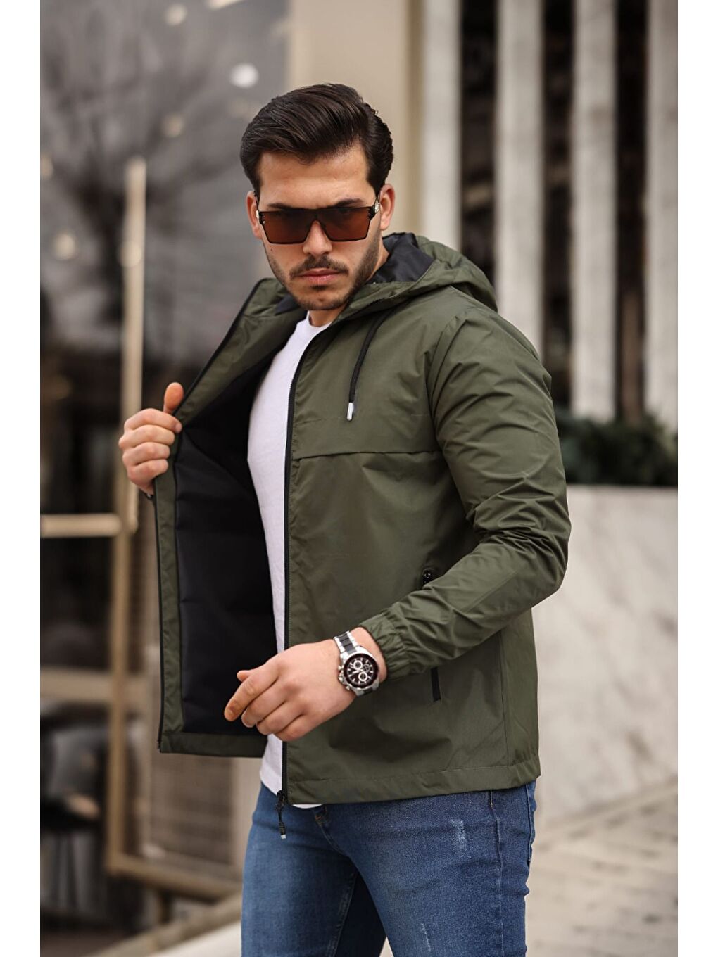 Haki Erkek Içi Astarlı Suya Dayanıklı Kapüşonlu Cepli Yağmurluk-1