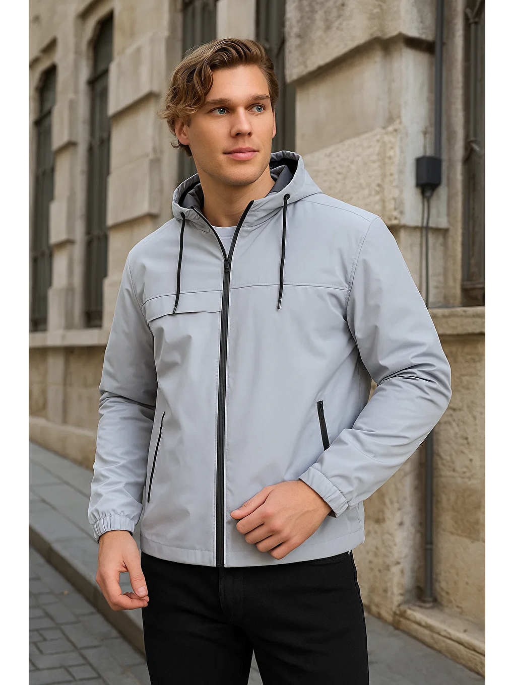 Erkek Astarlı Kapüşonlu Gri Rüzgarlık & Yağmurluk-1
