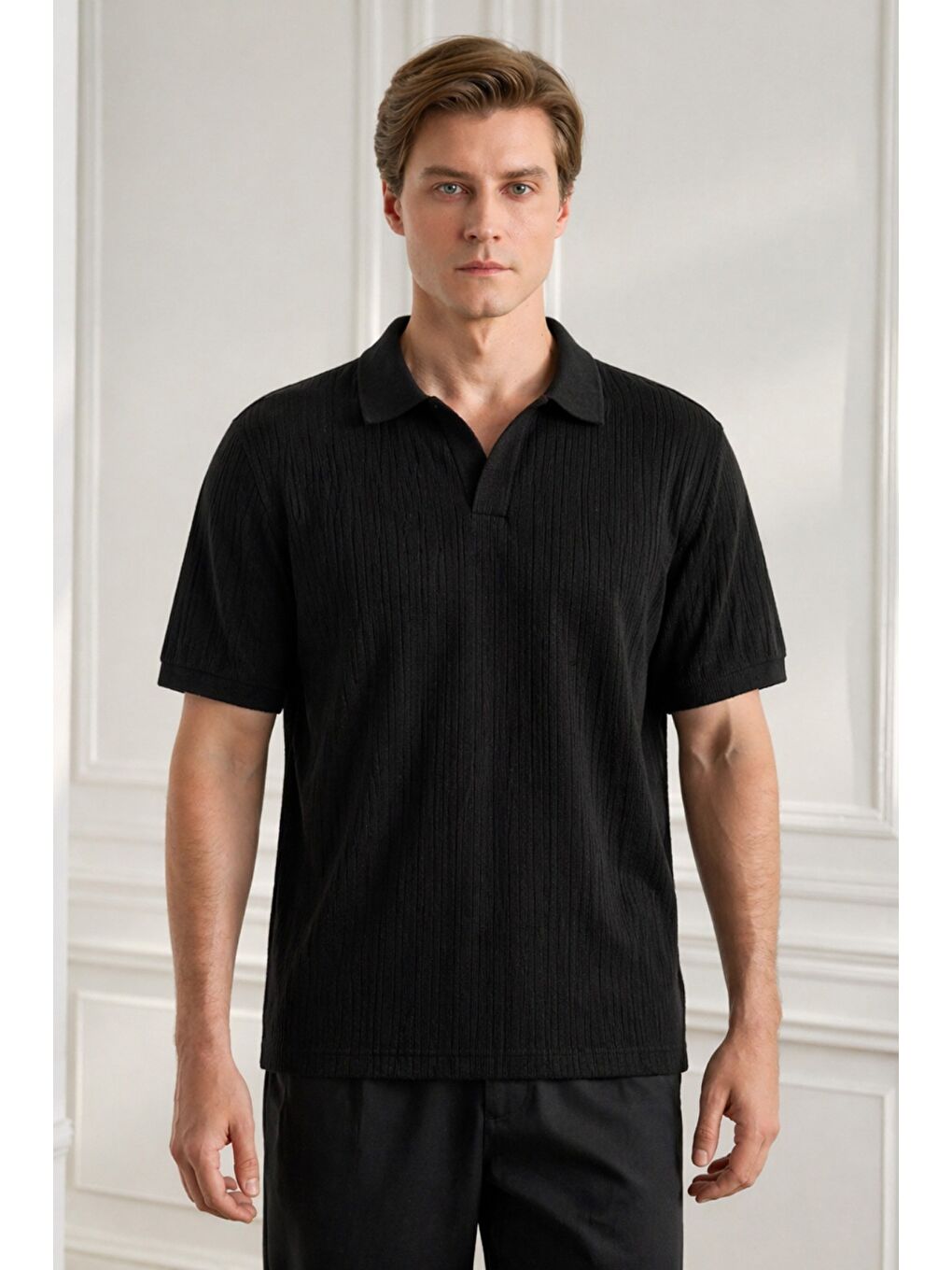 Siyah Erkek Jakar Desenli Düğmesiz Polo Yaka Tişört Slim Fit Yazlık Triko Tişört-1