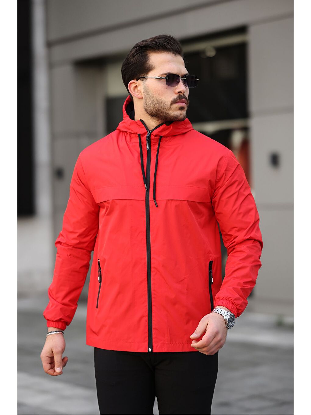 Kırmızı Erkek Içi Astarlı Suya Dayanıklı Kapüşonlu Cepli Yağmurluk-2